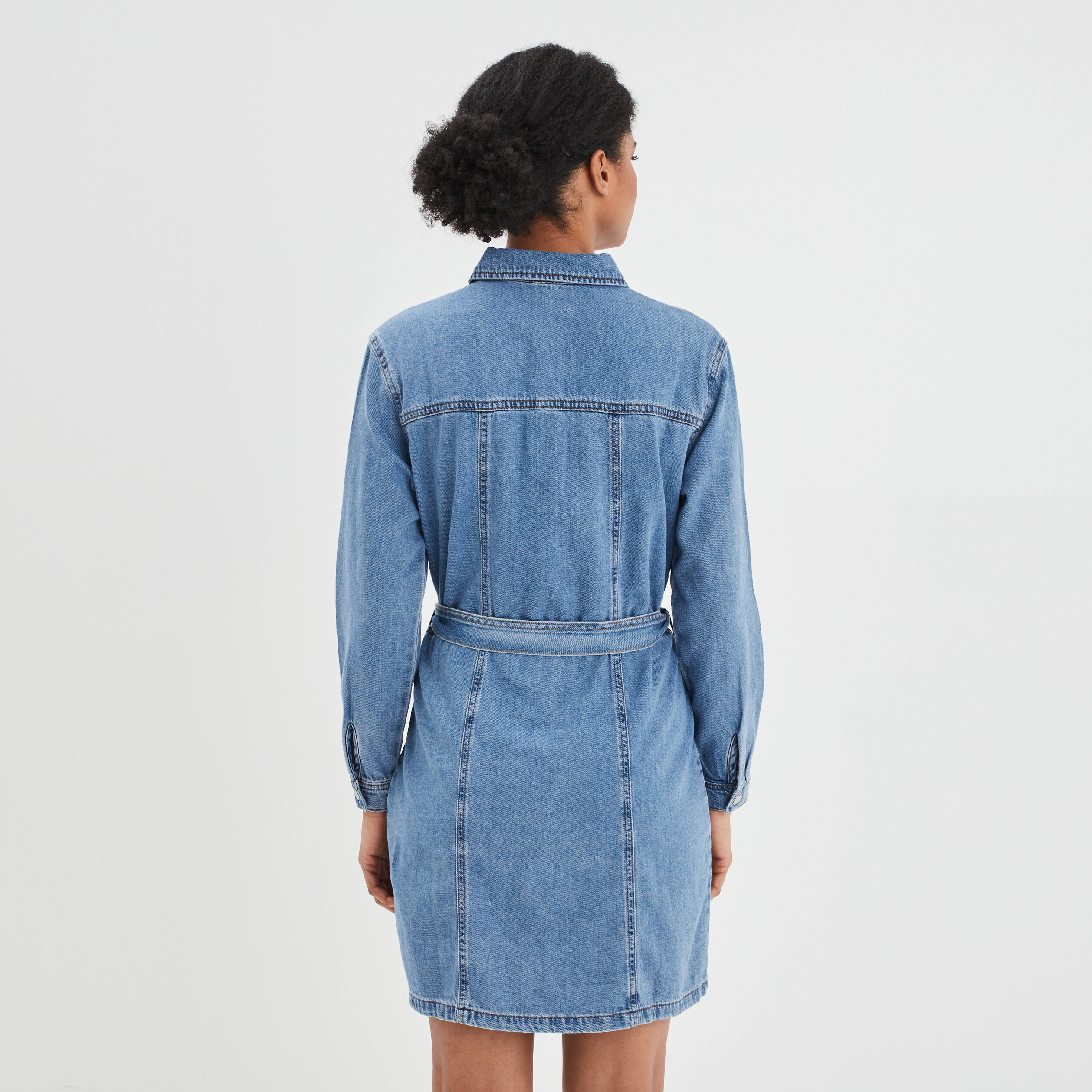 Robe chemise droite ceinturée en jean denim double stone femme | La Halle