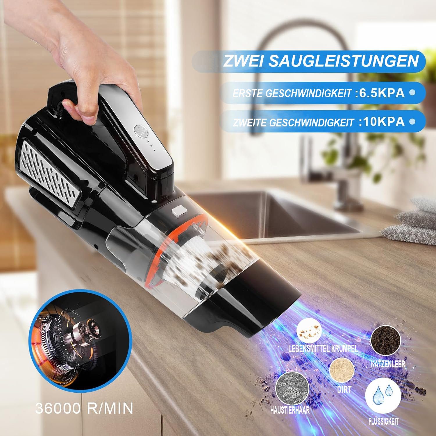 Mutoy Akku-Handstaubsauger Akku-Handstaubsauger,10000Pa Handstaubsauger,Kabellos Autostaubsauger, mit wiederaufladbarer 2000mAh Batterie und Hepa-Filter, 3x2000mAh wiederaufladbare,Nass/Trocken,mit Waschbar HEPA-Filter