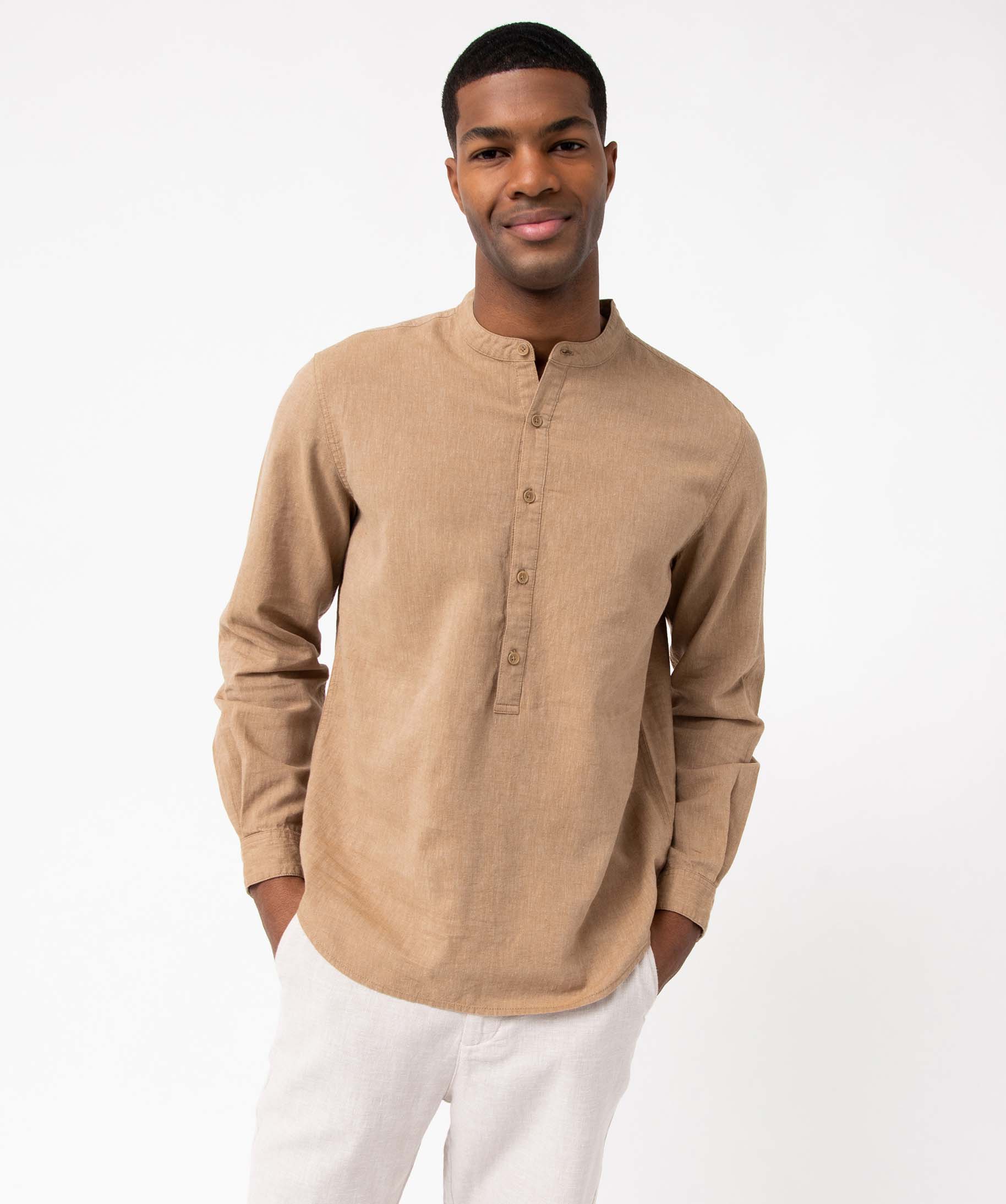 Chemise homme en lin mélangé à manches longues et col tun... beige | GEMO
