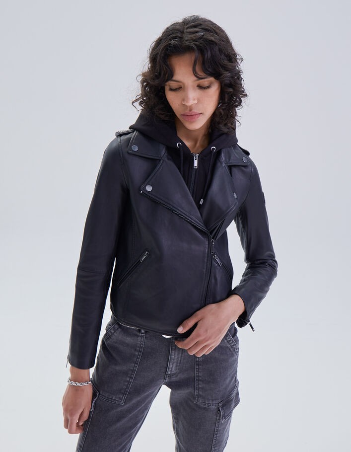Blouson noir en cuir d'agneau à capuche amovible femme