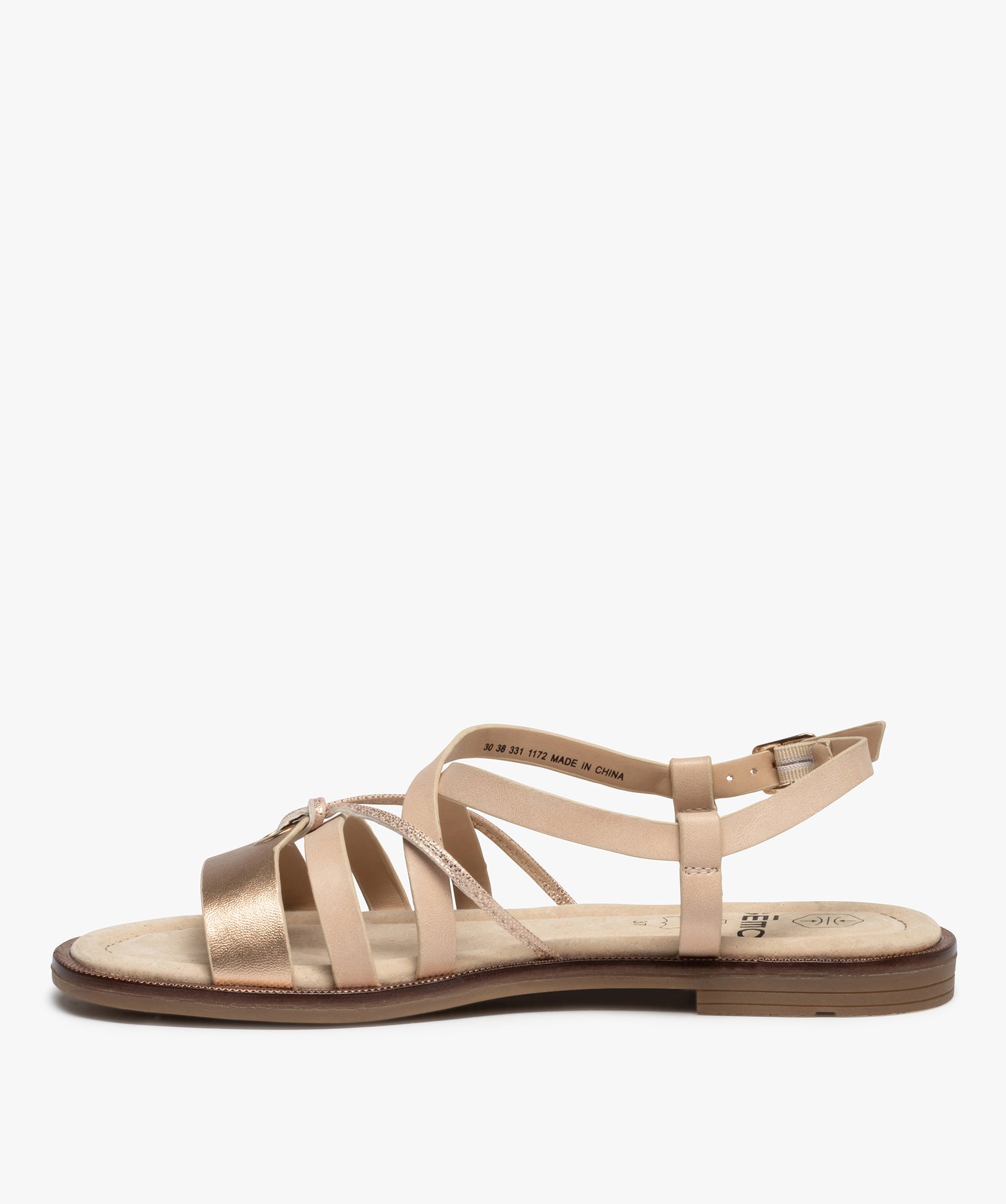 Sandales femme à talon plat et brides métallisées rose | GEMO