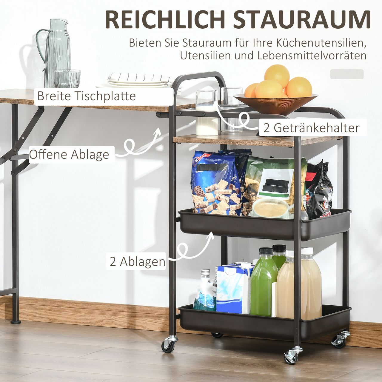 HOMCOM Küchenwagen Küchenrollwagen Servierwagen mit 1 klappbaren Tischplatte 2 Tabletts und 1 offenes Regal Rollen Verstellbare Fußpolster E1-Spanplatte Metall Rustikal-Braun 118 x 36,5 x 82 cm