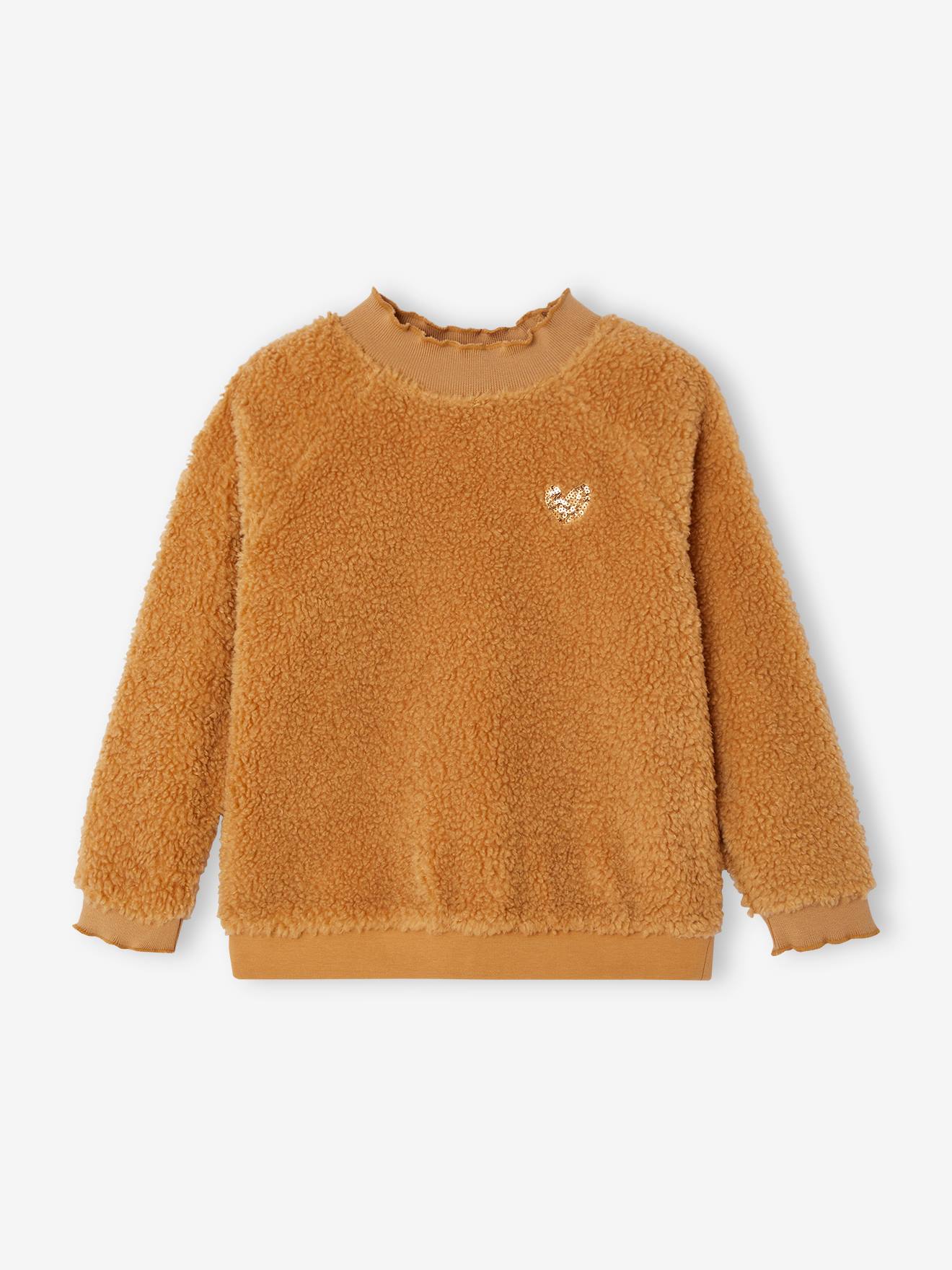 Sweat en sherpa fille finitions fantaisie beige