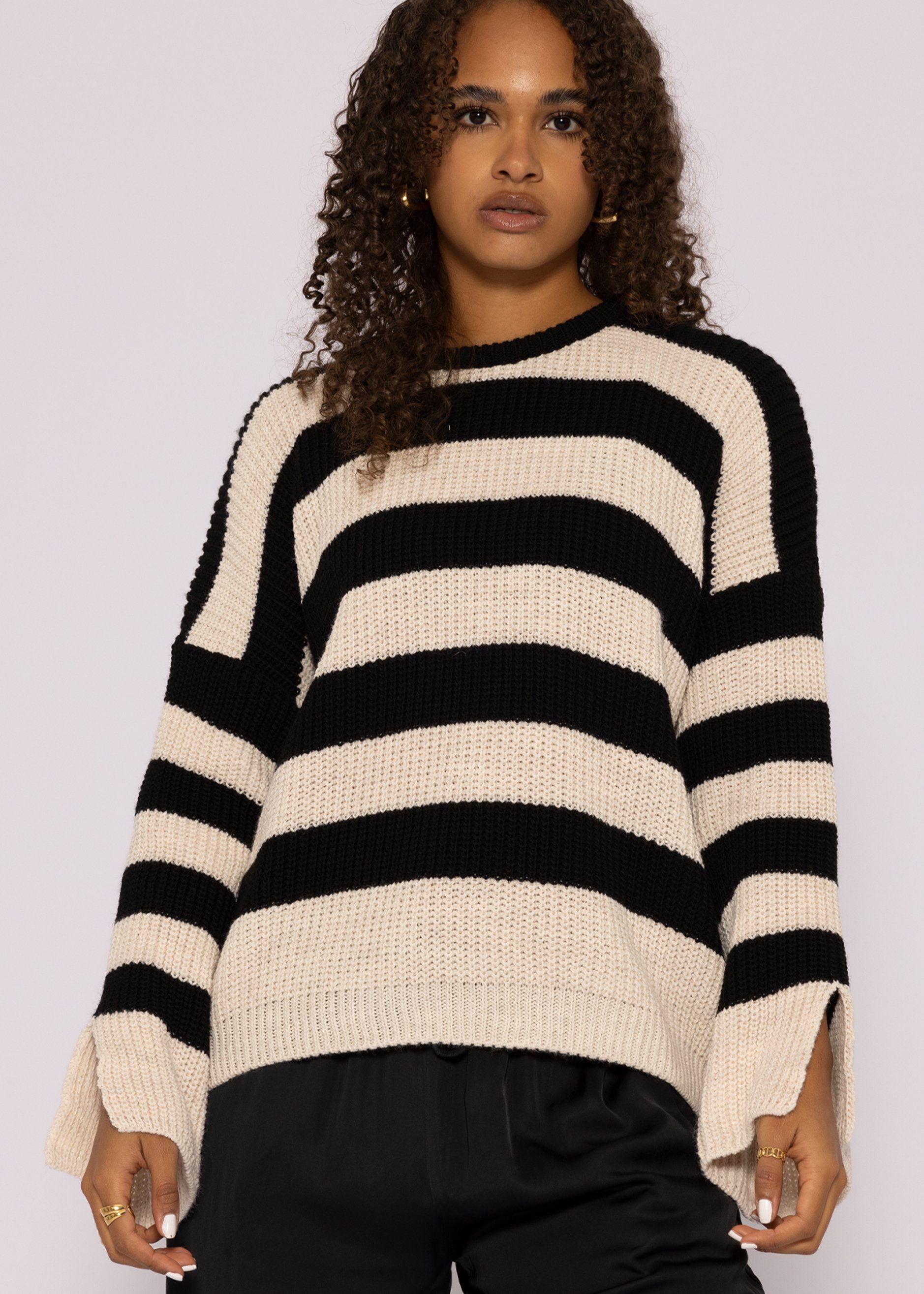 SASSYCLASSY Strickpullover Oversize Pullover Damen aus weichem Grobstrick Lässiger Strickpullover mit Streifen, Made in Italy, One Size (Gr. 36-42)