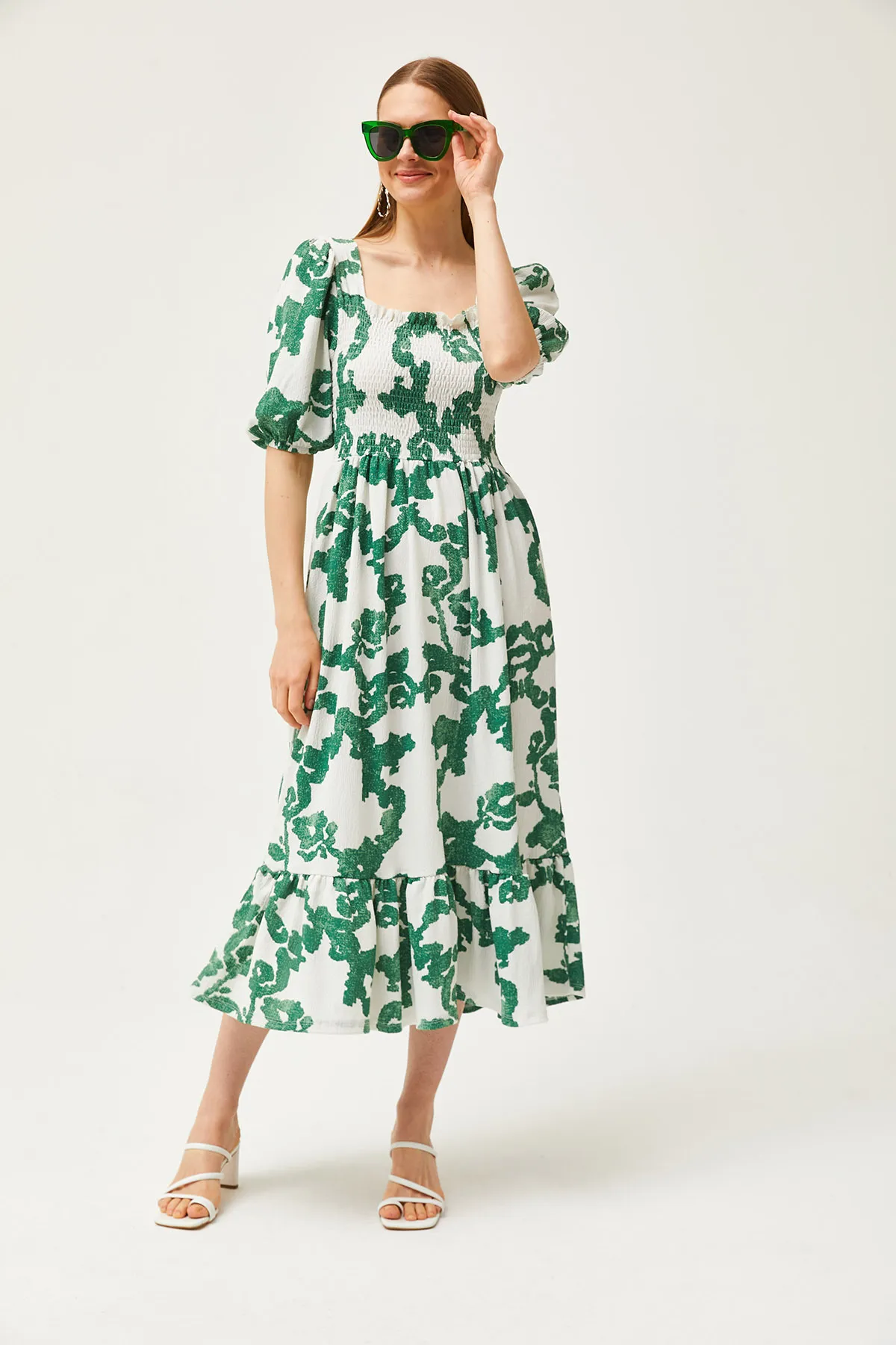 Olalook  Ecru-grünes Midi-Strickkleid mit Gimpen für Damen ELB-19002108