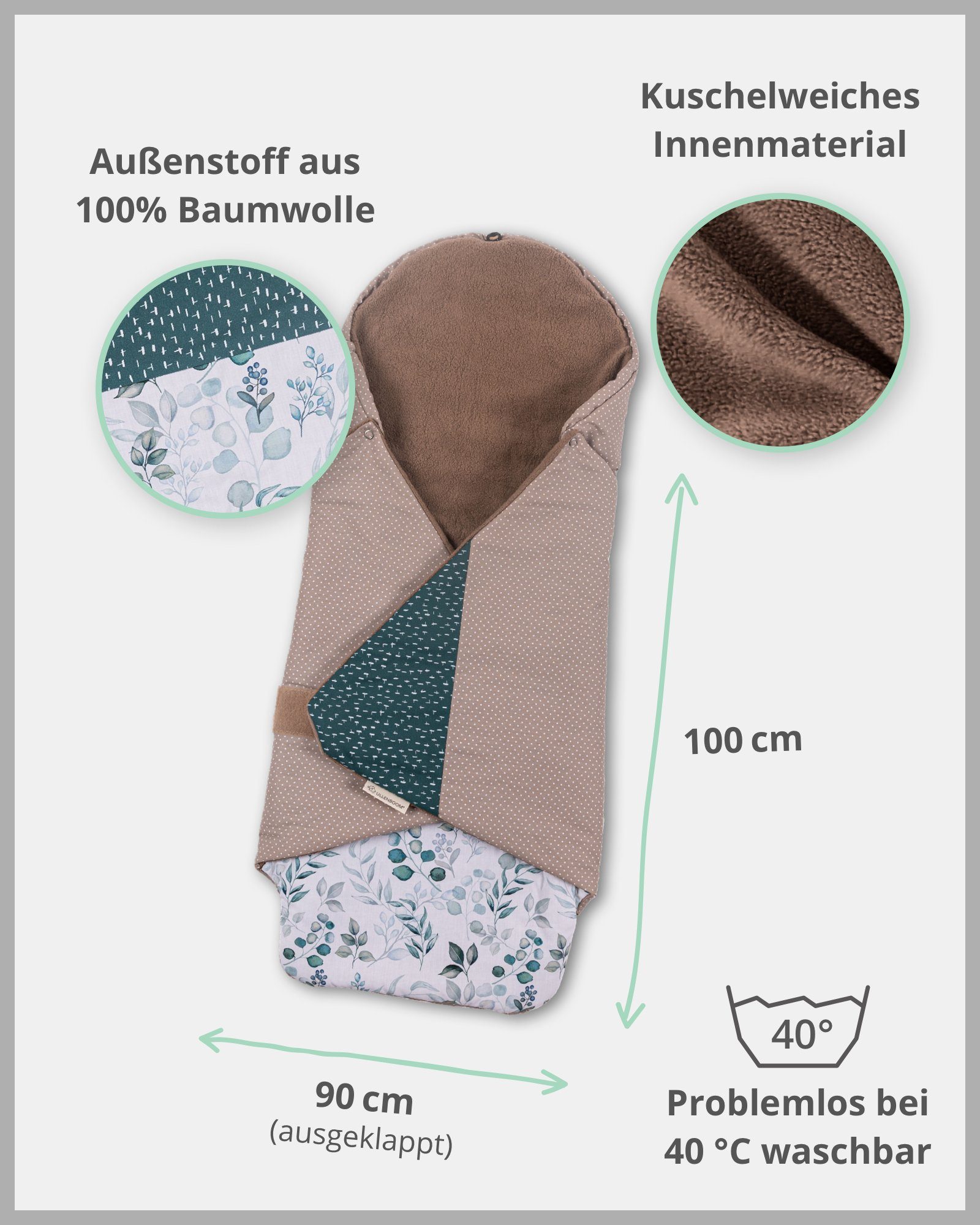 Einschlagdecke Für die Babyschale, Eukalyptus, Made in EU, ULLENBOOM ®, Optimal für Frühling, Herbst und Winter, TOG-Wert 2,5