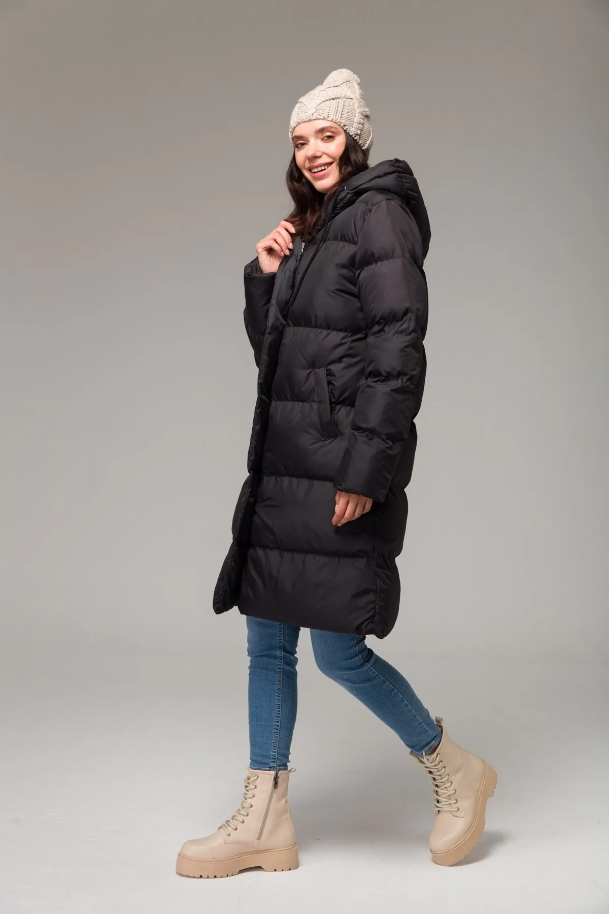 Olcay  Pufferjacke mit Kapuze und Reißverschluss, Schwarz 6225