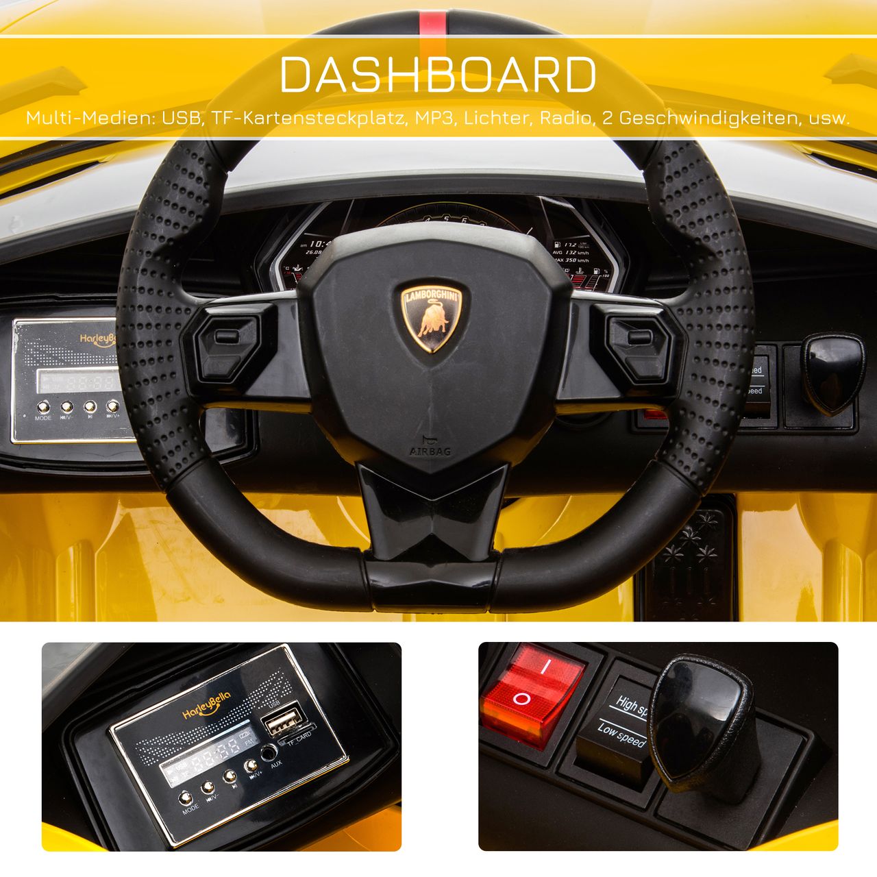 HOMCOM Kinderauto Lamborghini SVJ Elektroauto für 3-8 Jahre mit MP3 Gelb