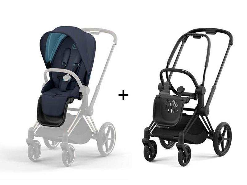 Poussette PRIAM 4 châssis Matt Black habillage Nautical Blue
