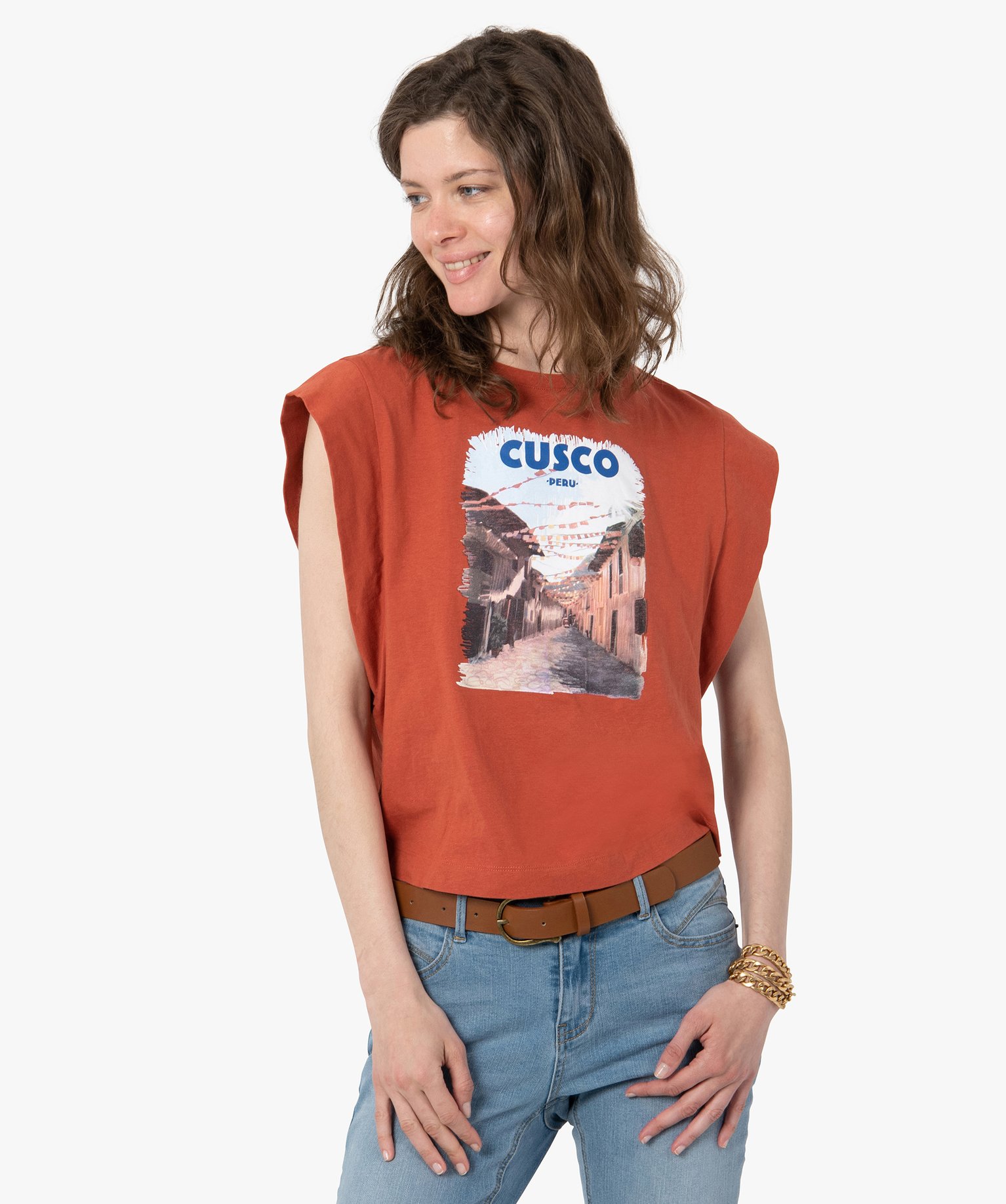 Tee-shirt femme sans manches avec motif sur le buste rouge | GEMO