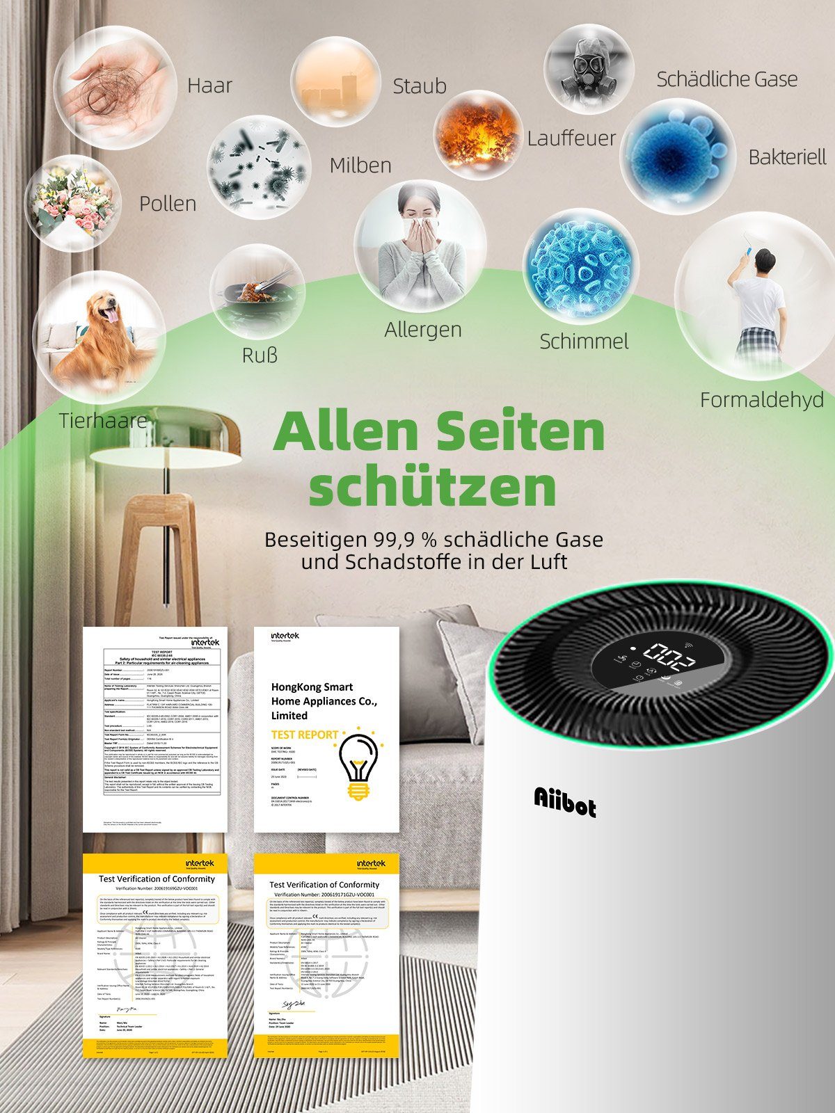 *Aiibot Luftreiniger Luftreiniger mit H13 HEPA Filter, Luftqualitätssensor, für 120 m² Räume, Schlafmodus Timer, CADR 450m³/h, erkennen Luftqualität in Echtzeit