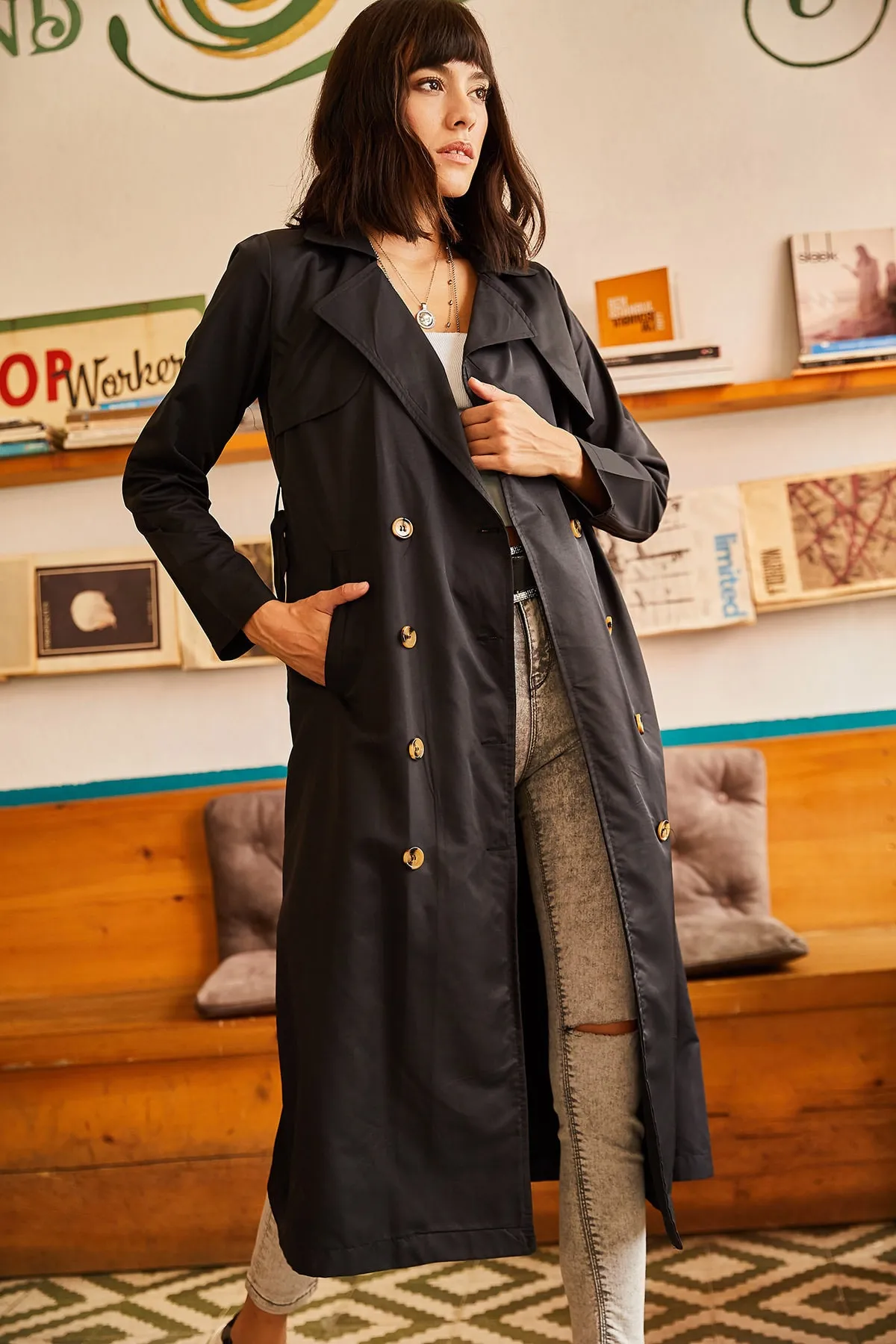 Olalook  Trenchcoat - Schwarz - Zweireihig