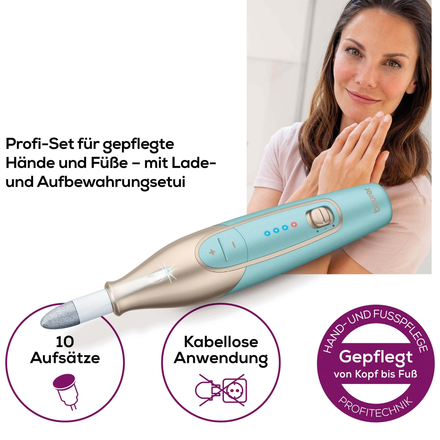 Beurer Wiederaufladbares Maniküre- & Pediküreset MP 84-Kabelloser Nagelfräser für Maniküre & Pediküre mit 10 Saphir- & Filzaufsätzen