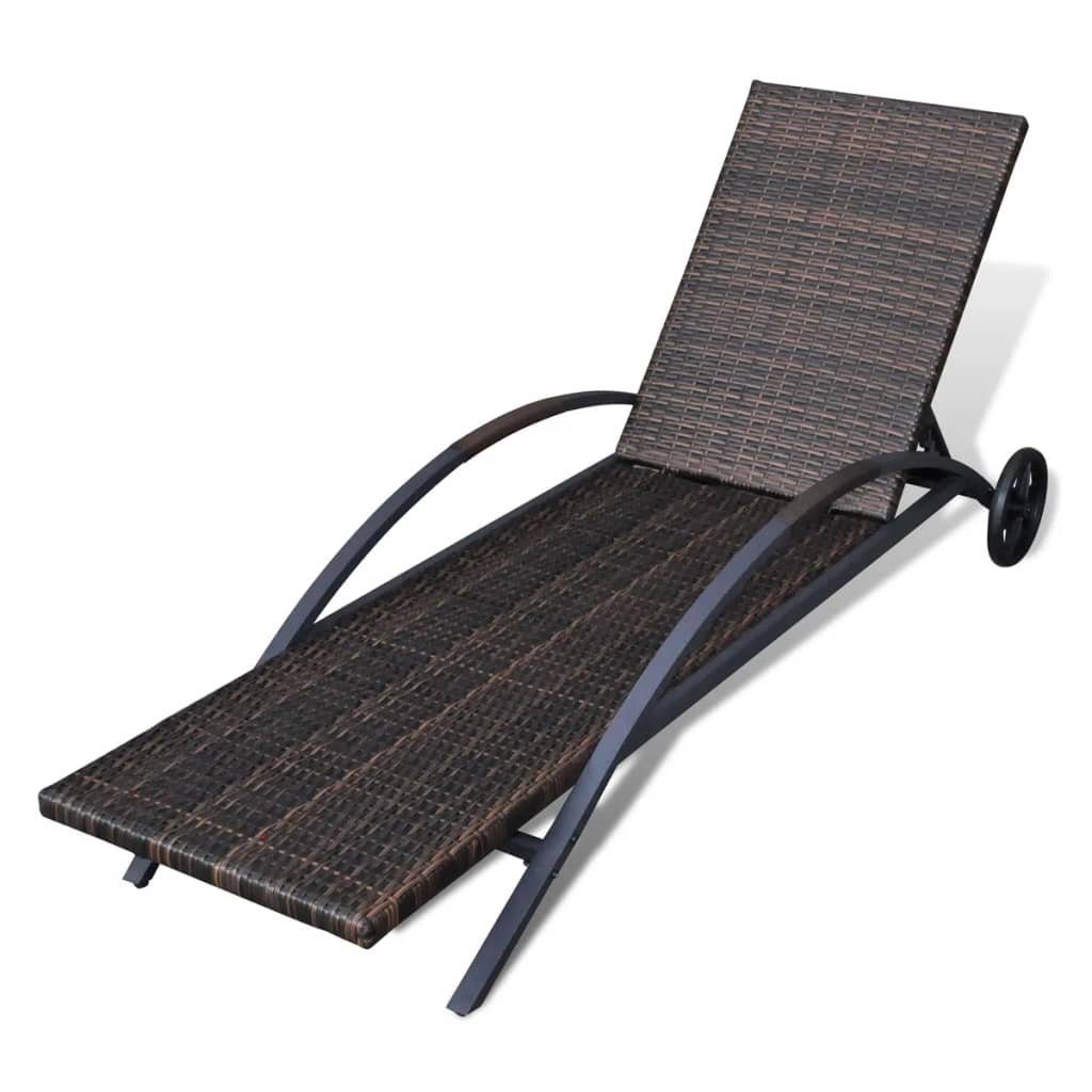 vidaXL Gartenliege Sonnenliege mit Polster & Rollen Poly Rattan Braun, 1 St.