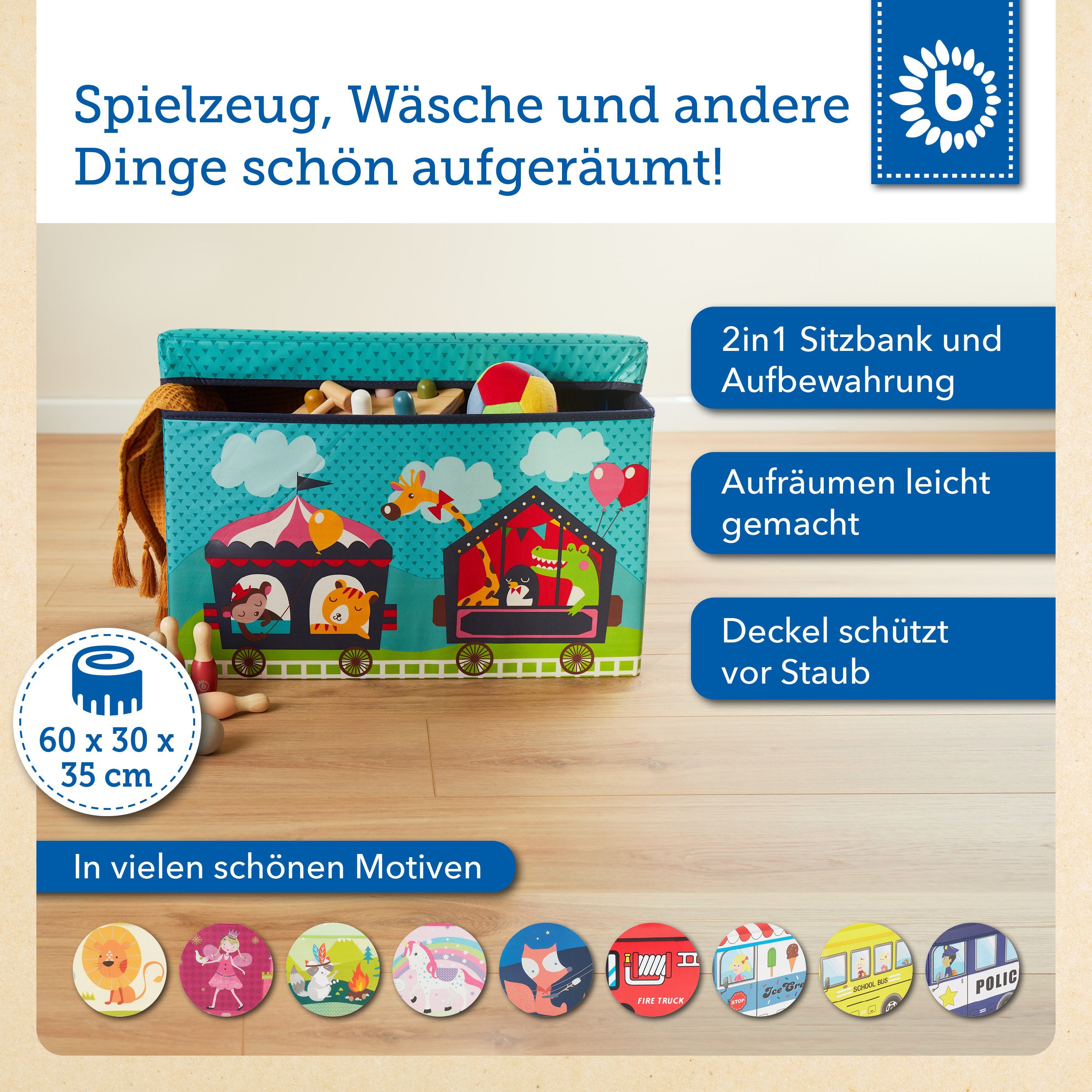 BIECO Spielzeugtruhe Bieco Aufbewahrungsbox mit Deckel 60L, faltbar ca. 60x30x35cm Spielzeugkiste mit Deckel Aufbewahrungsbox Kinder Kisten mit Deckel Aufbewahrungsbox Groß Wickeltisch Organizer Zirkus