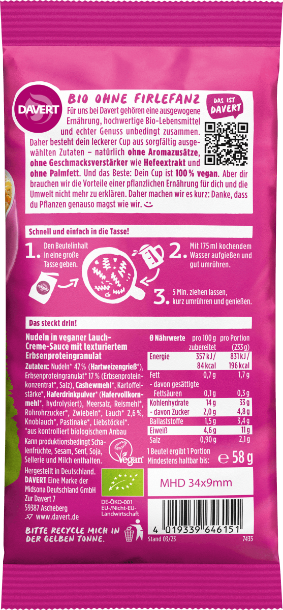Fertiggericht, Noodle Cup Lauch-Creme-Sauce mit Erbsenhack, 58 g