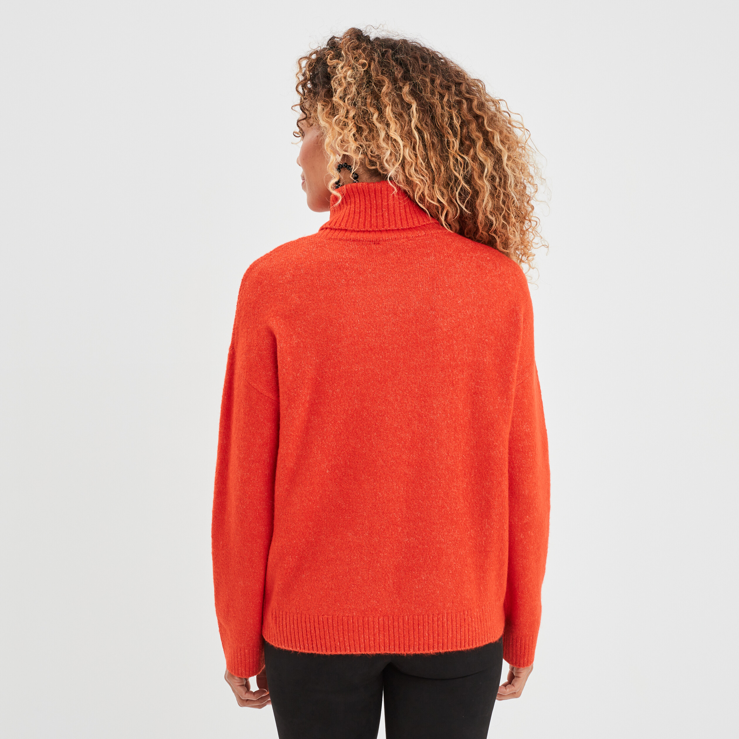Pull col roulé droit manches longues rouge corail femme | La Halle