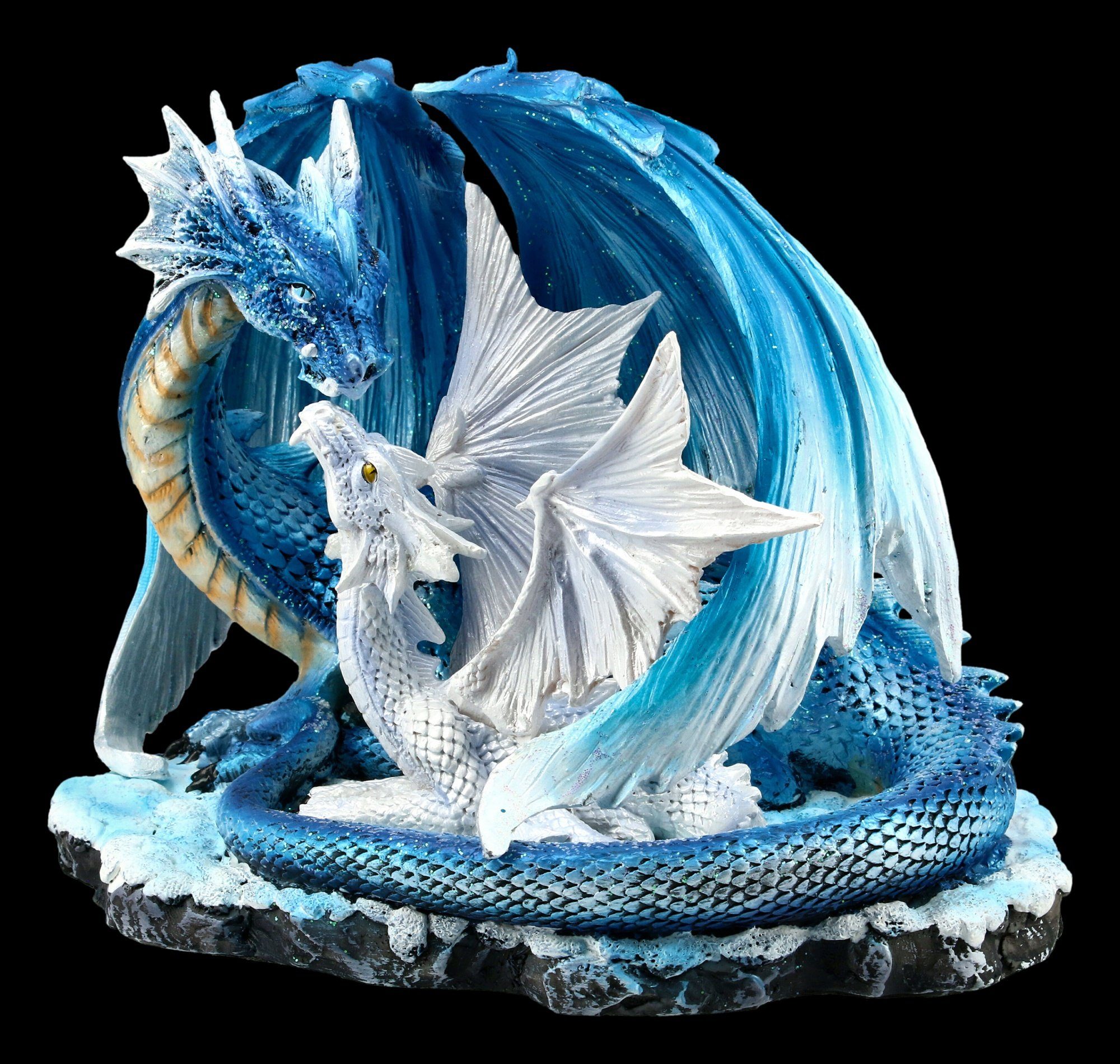 Figuren Shop GmbH Fantasy-Figur Drachen Figur - Mutter mit Jungem weiß-blau - Fantasy Deko