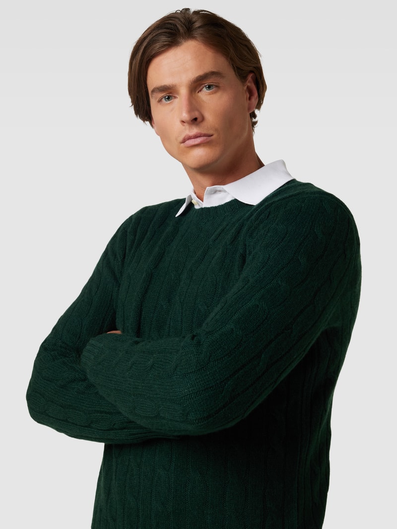 Kaschmirpullover mit Zopfmuster in dunkelgrün