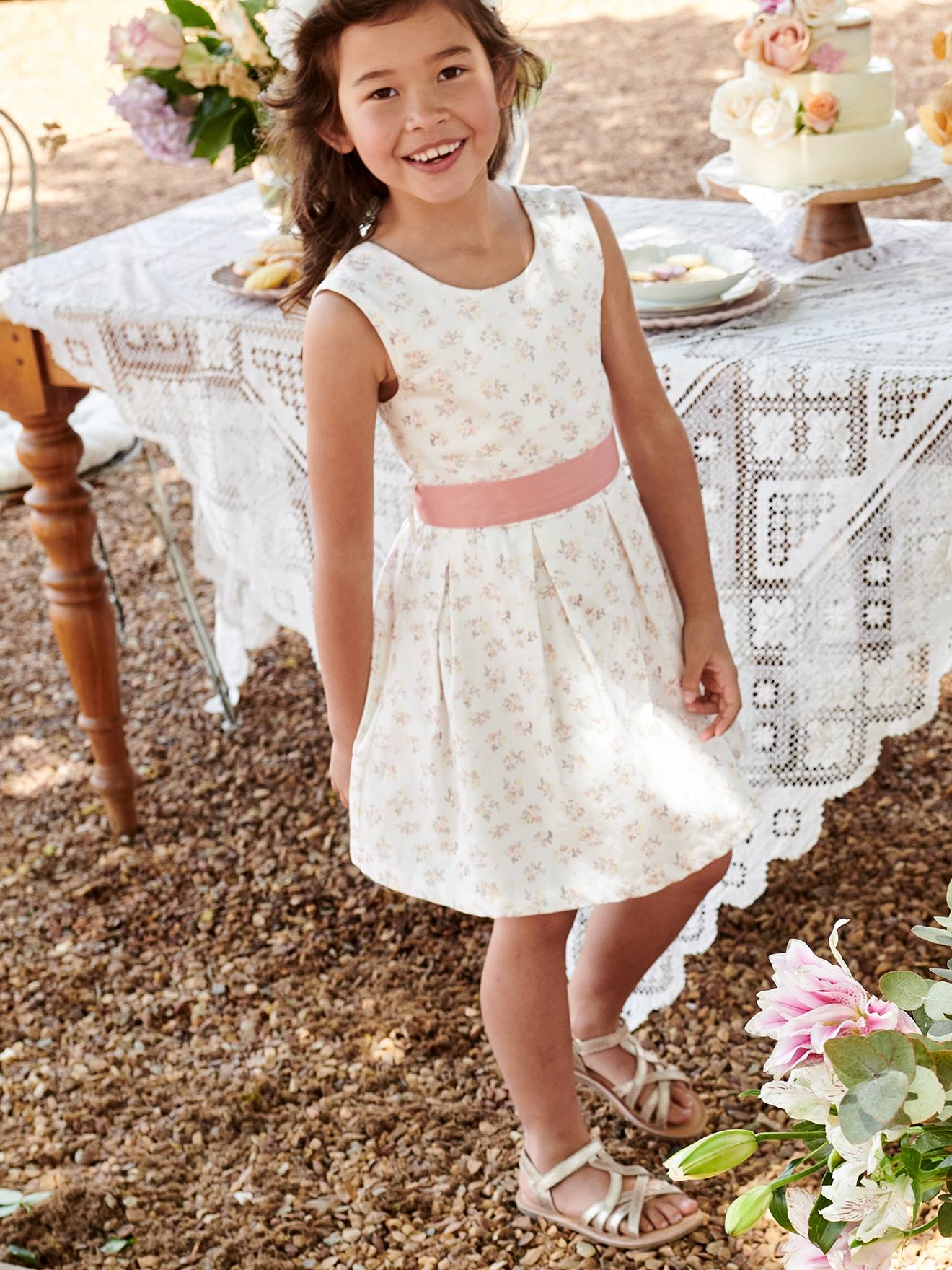 Robe de cérémonie fille motifs fleurs écru