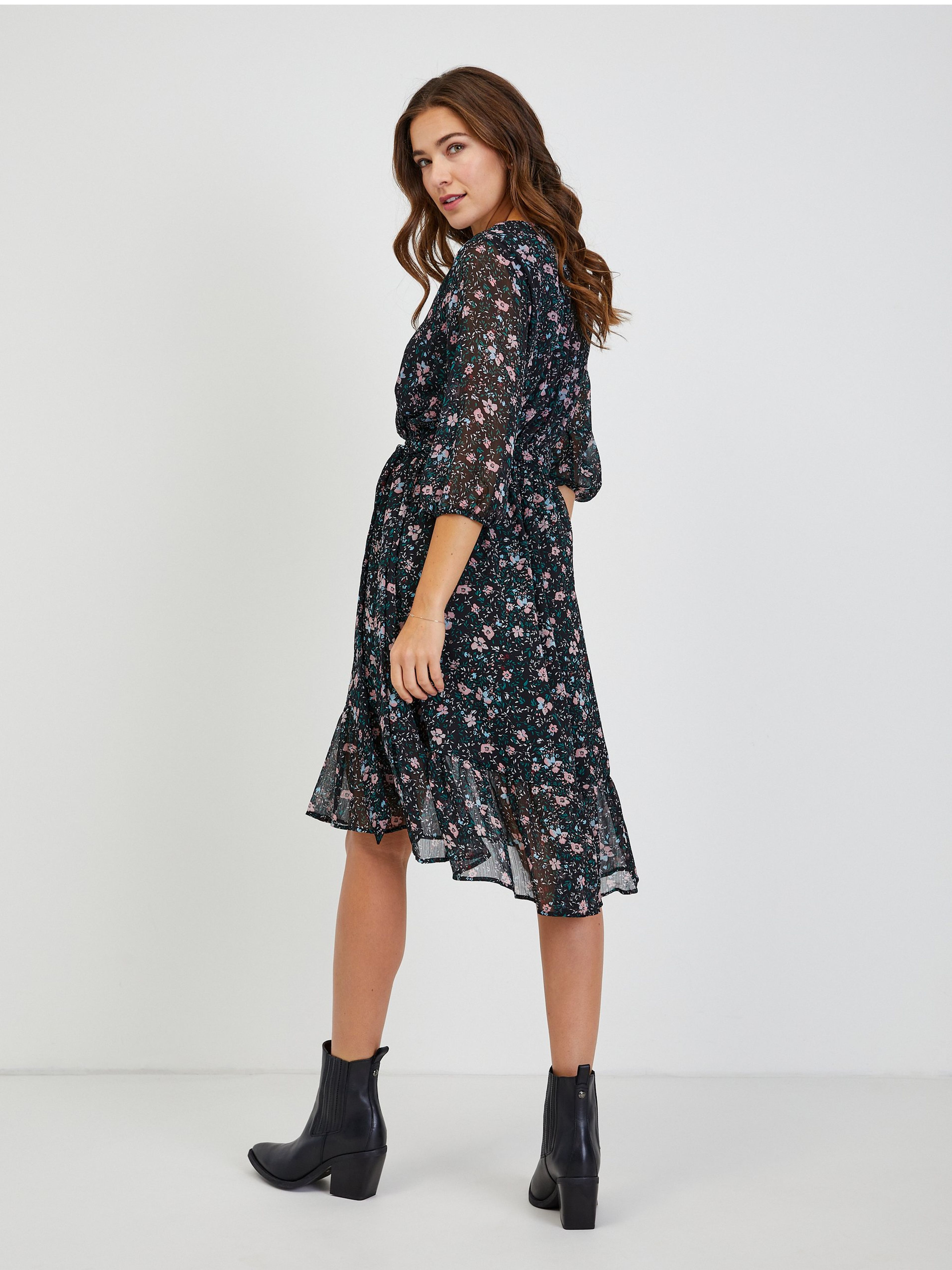 Schwarzes Damen-Blumenkleid mit Bindung ORSAY