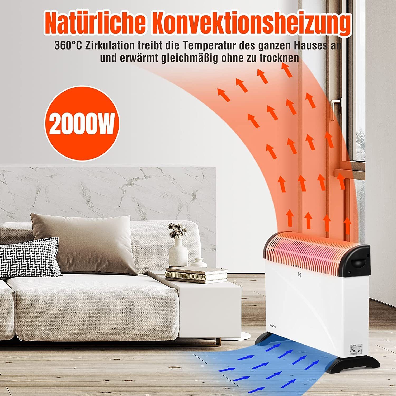 Mia&Coco Heizkörper Heizung Elektro Elektroheizung 2KW Konvektor, 24H Timer,3 Stufen