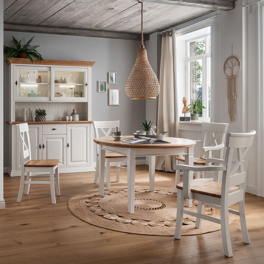 Lomadox Esszimmer-Set ESBJERG-69, (Spar-Set, 6-St), Kiefer weiß lackiert mit Eiche geölt, Landhausstil, inkl. Beleuchtung