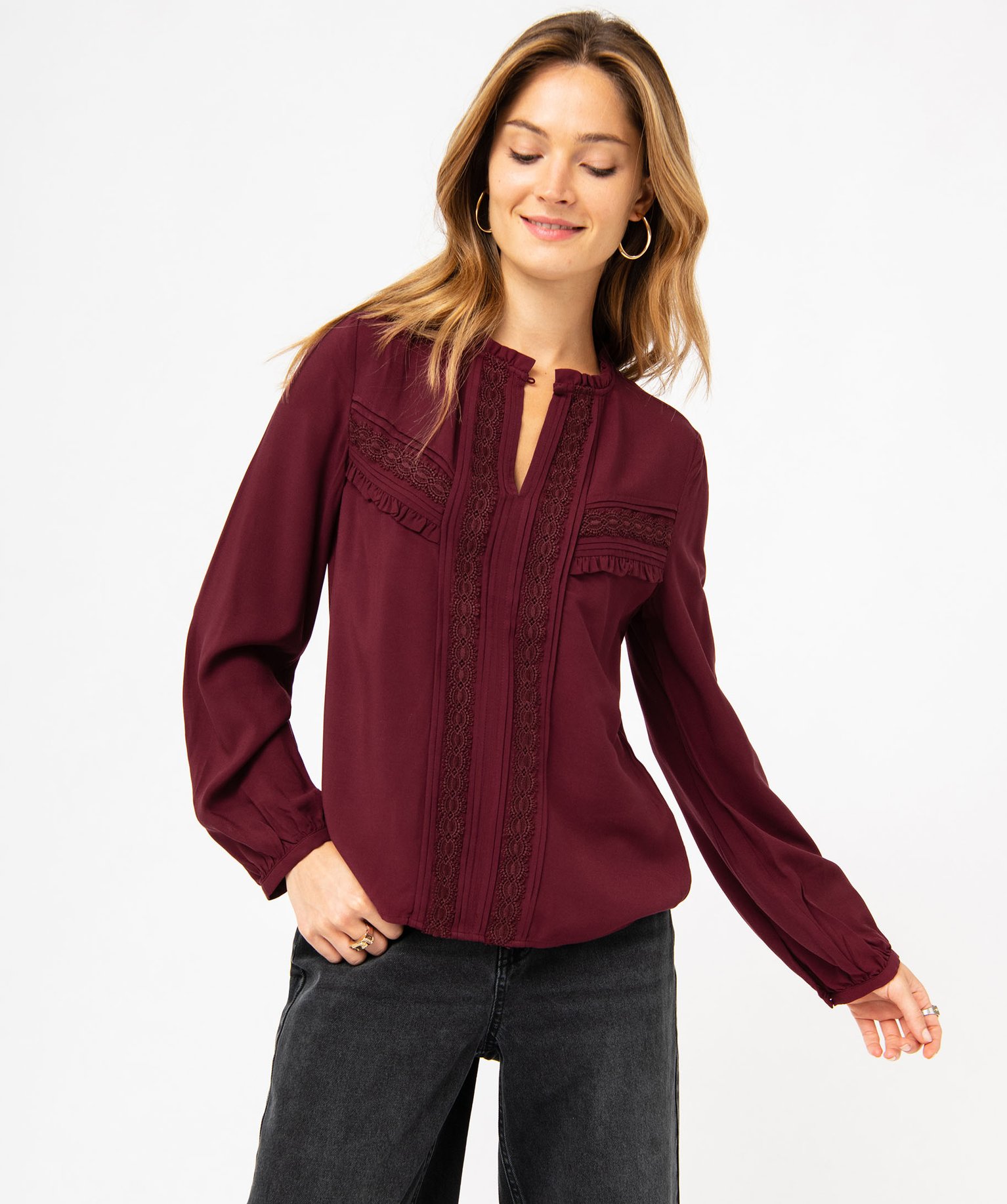 Blouse femme à manches longues avec empiècements dentelle violet | GEMO