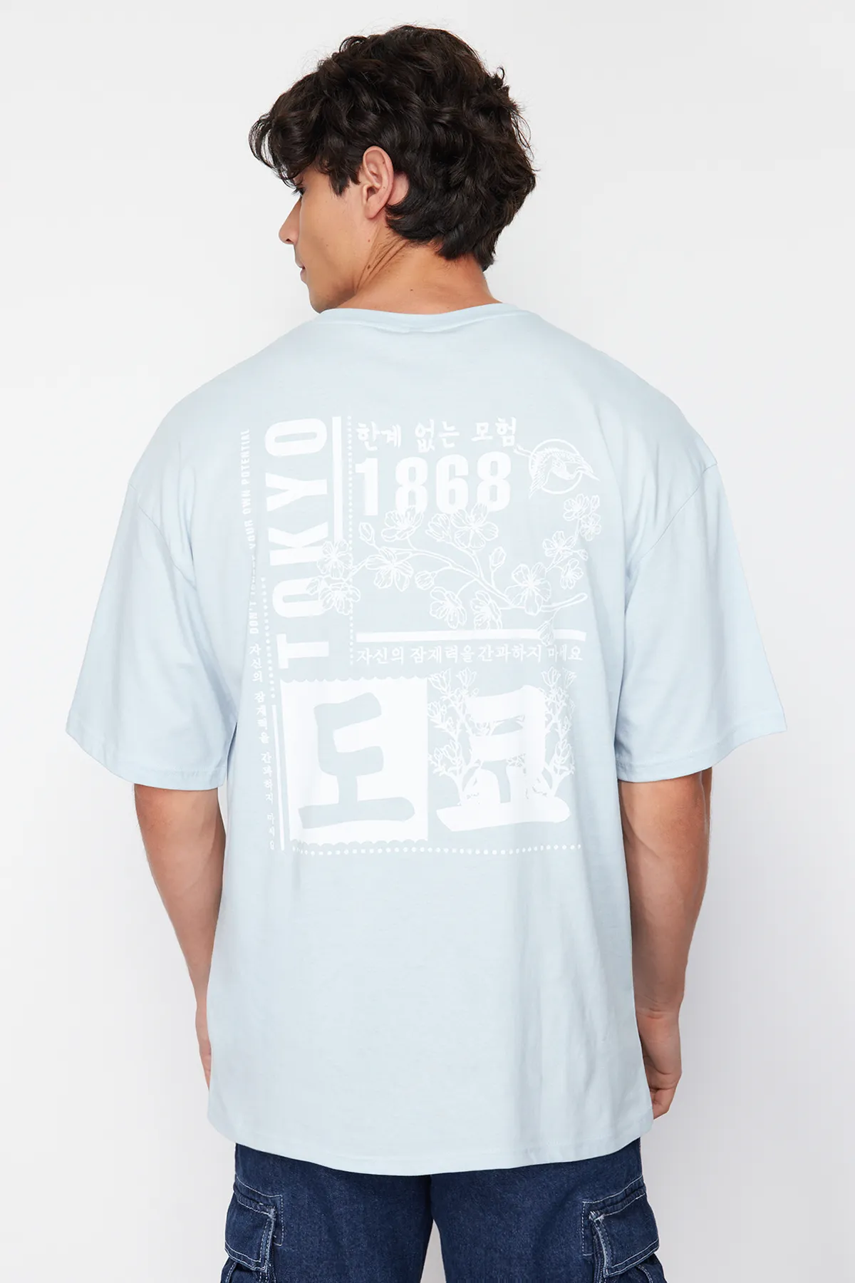 Trendyol Collection  Hellblaues, übergroßes/weit geschnittenes T-Shirt aus 100 % Baumwolle mit Fernost-Aufdruck TMNSS23TS00170