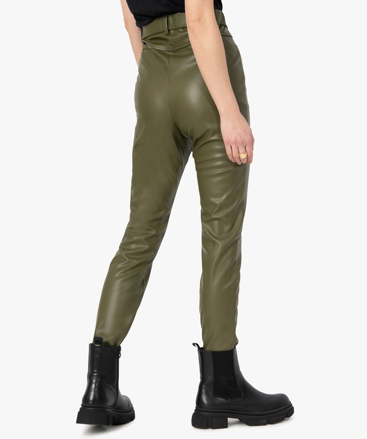 Pantalon femme taille haute en synthétique esprit rock kaki | GEMO