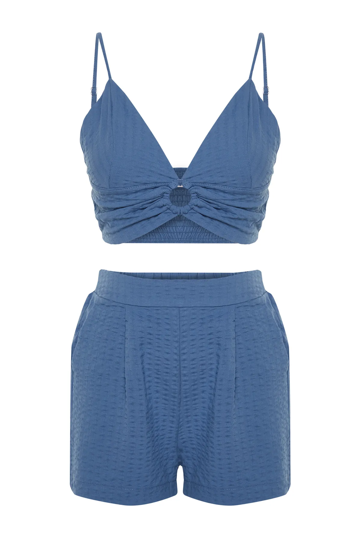 Trendyol Collection  Blaues gewebtes Accessoire-Bluse-Shorts-Set TBESS24AU00064