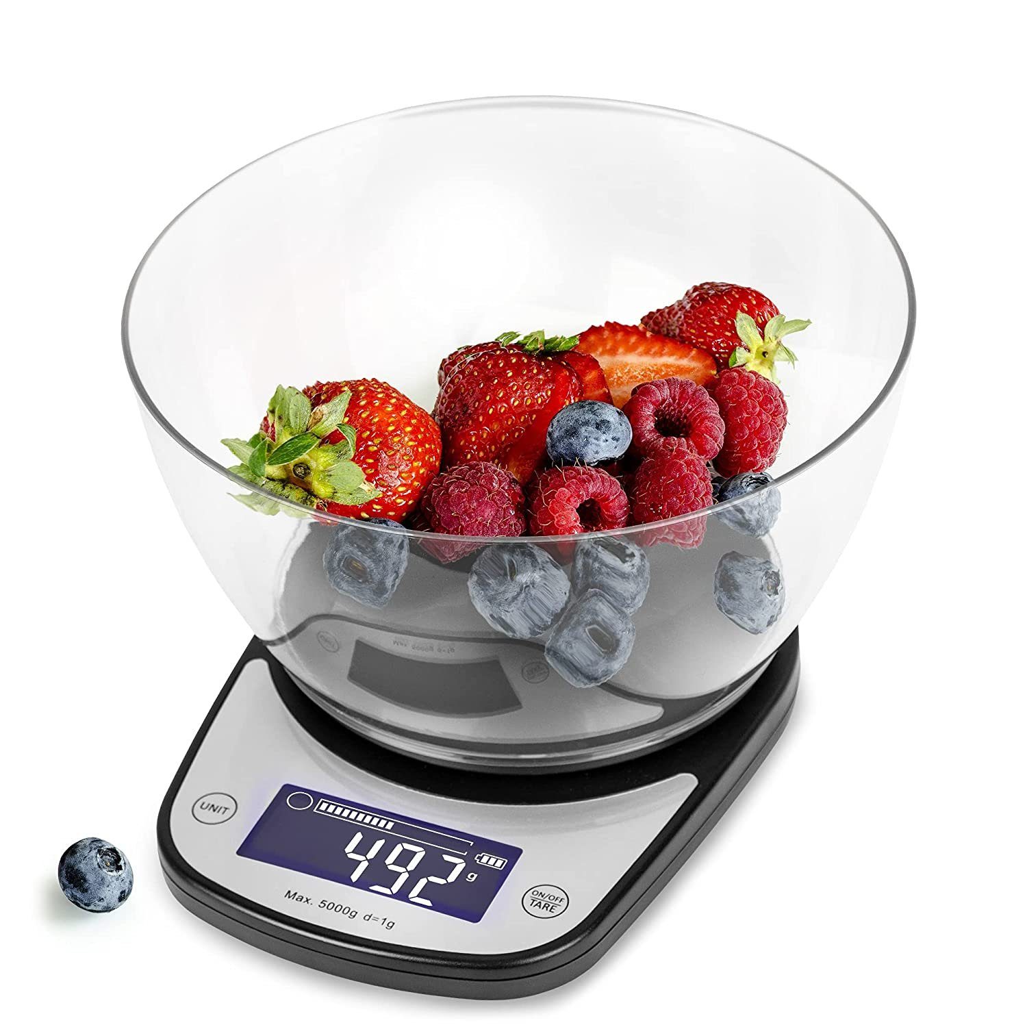 Duronic Küchenwaage, KS5000 BK/CR Küchenwaage, 5 kg Digitalwaage oval mit 2,5 L Schüssel