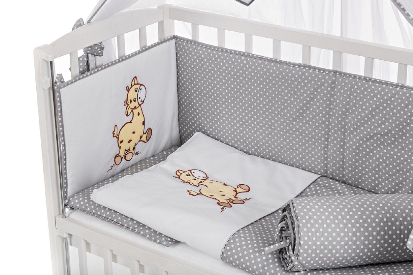Babyhafen Beistellbett Babybett 90 × 40 cm Design Giraffe grau komplett Set, Komplettbett