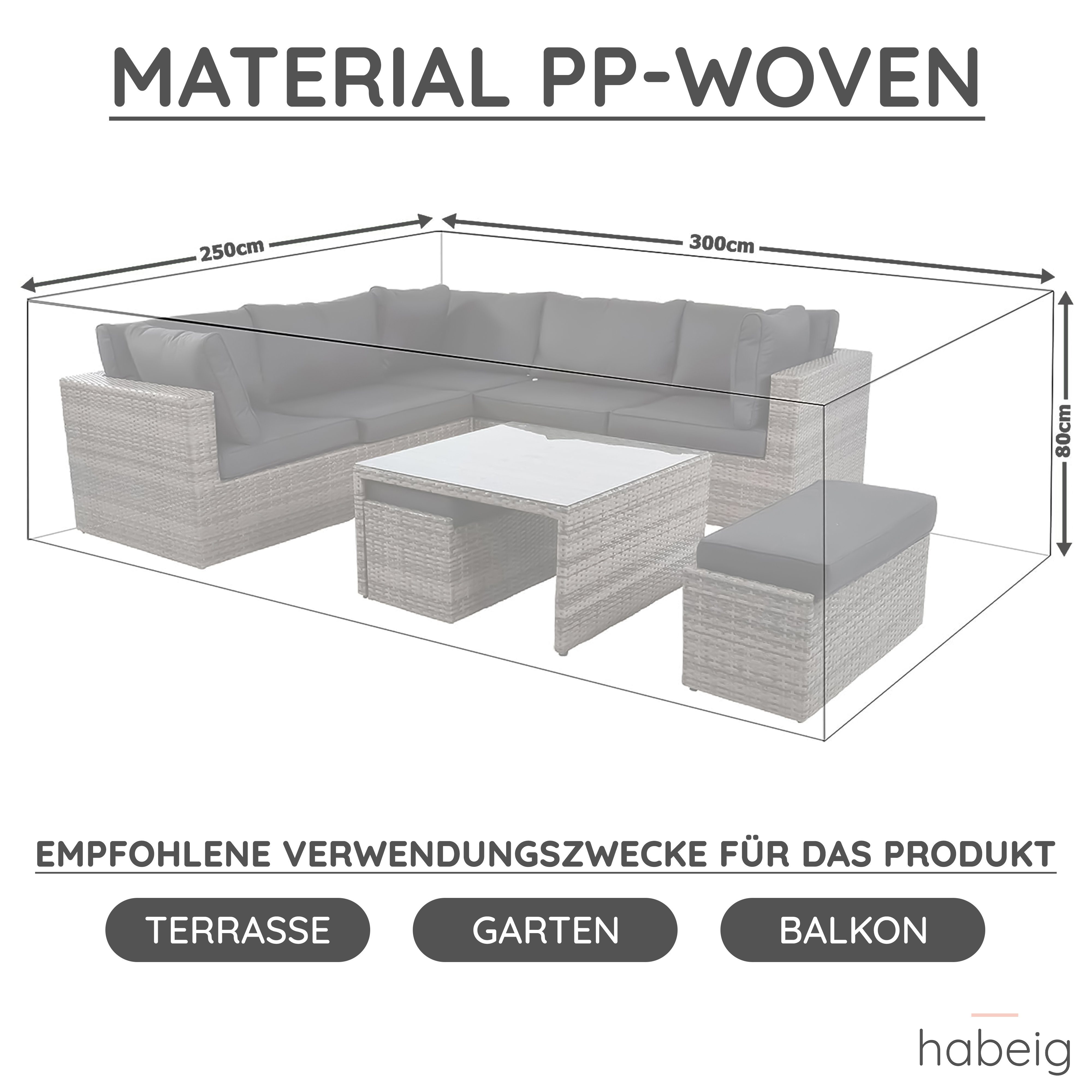 habeig Gartenmöbel-Schutzhülle XXL Schutzhülle Gartenmöbel 300x250x80cm 140g/m² PP Woven Sitzgruppe, 100% Wasserdicht