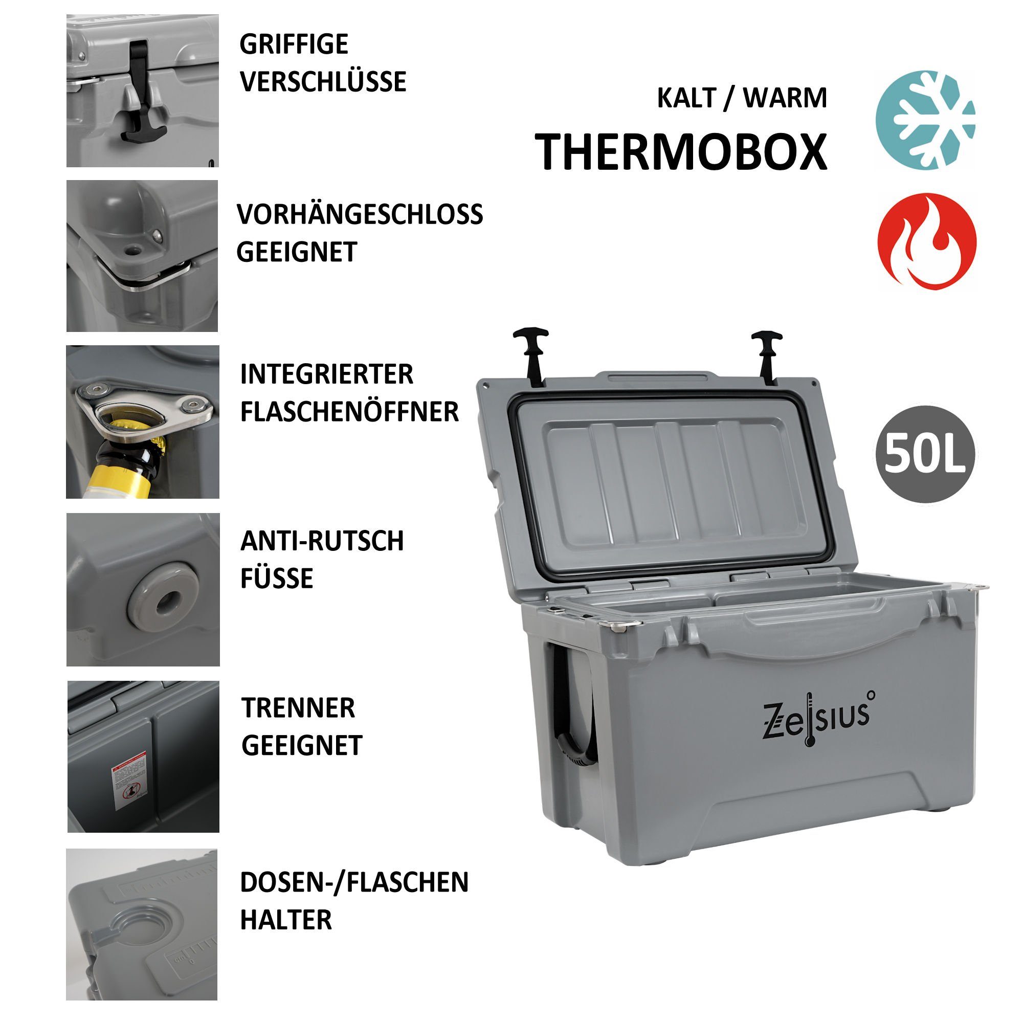 Zelsius Kühlbox Kühlbox weiß 50 Liter, Cooling Box ideal für Auto Camping, 50 l, mit Flaschenöffner