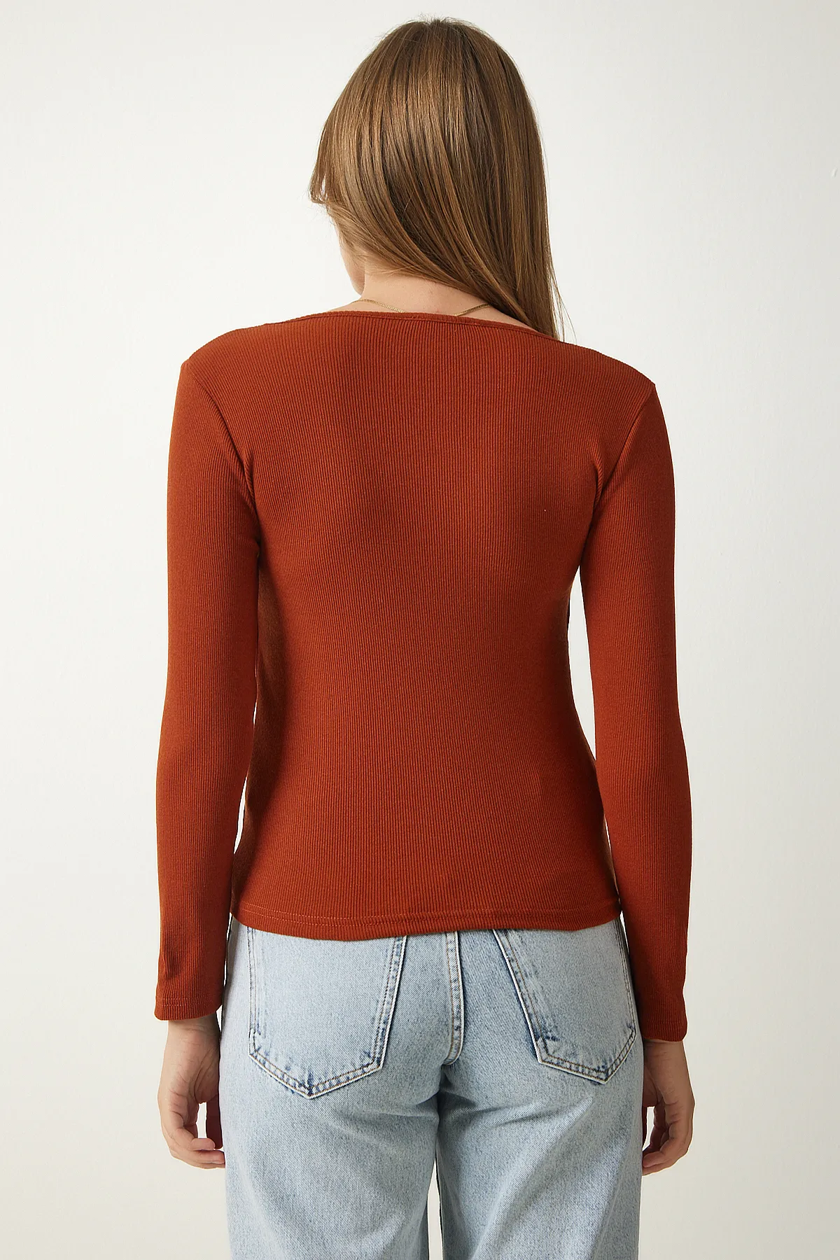 Happiness İstanbul  Damen-Strickbluse mit quadratischem Ausschnitt und Kachelmuster GT00052