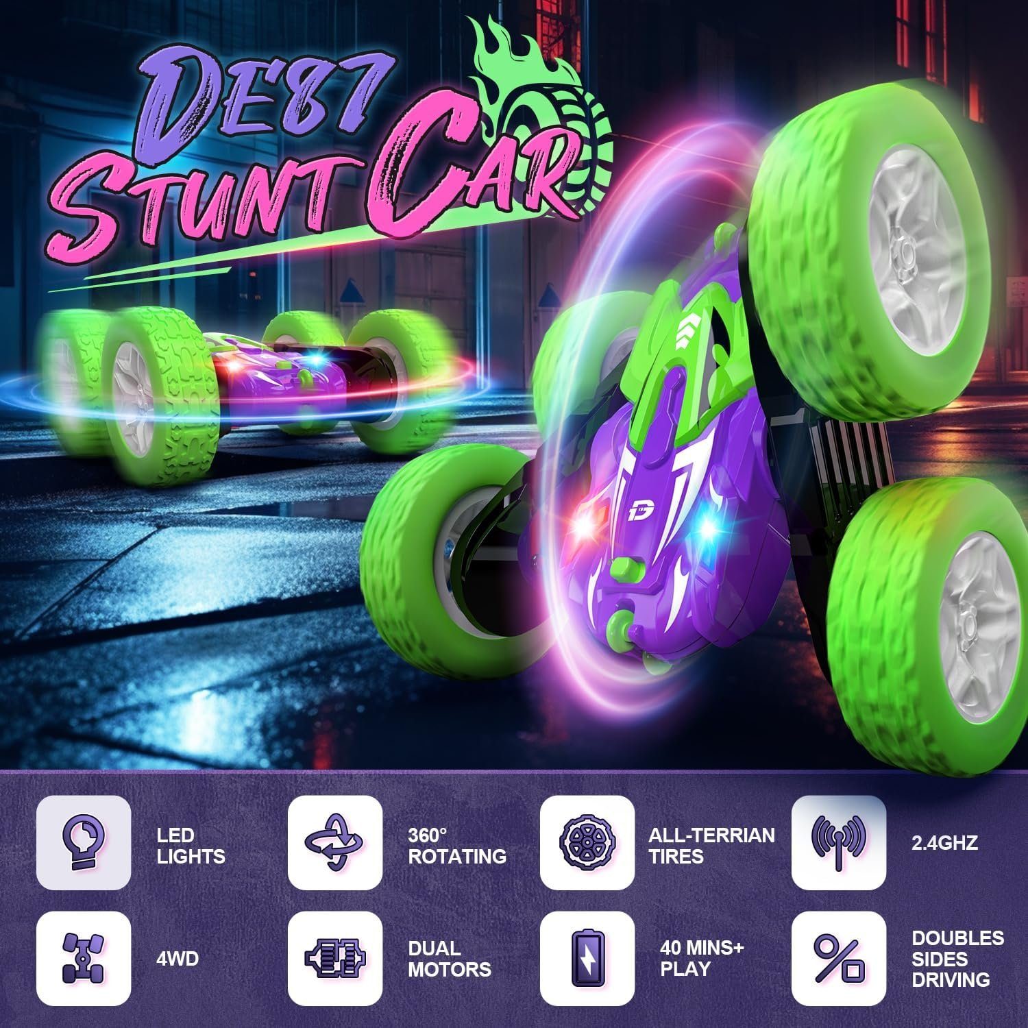 DEERC DE87 Ferngesteuertes Auto, RC Stunt Auto Spielzeug 360° Flip Spielzeug-Drohne (Macht Überschläge bei 8 km/h, 4WD All Terrain Offroad für Kinder)