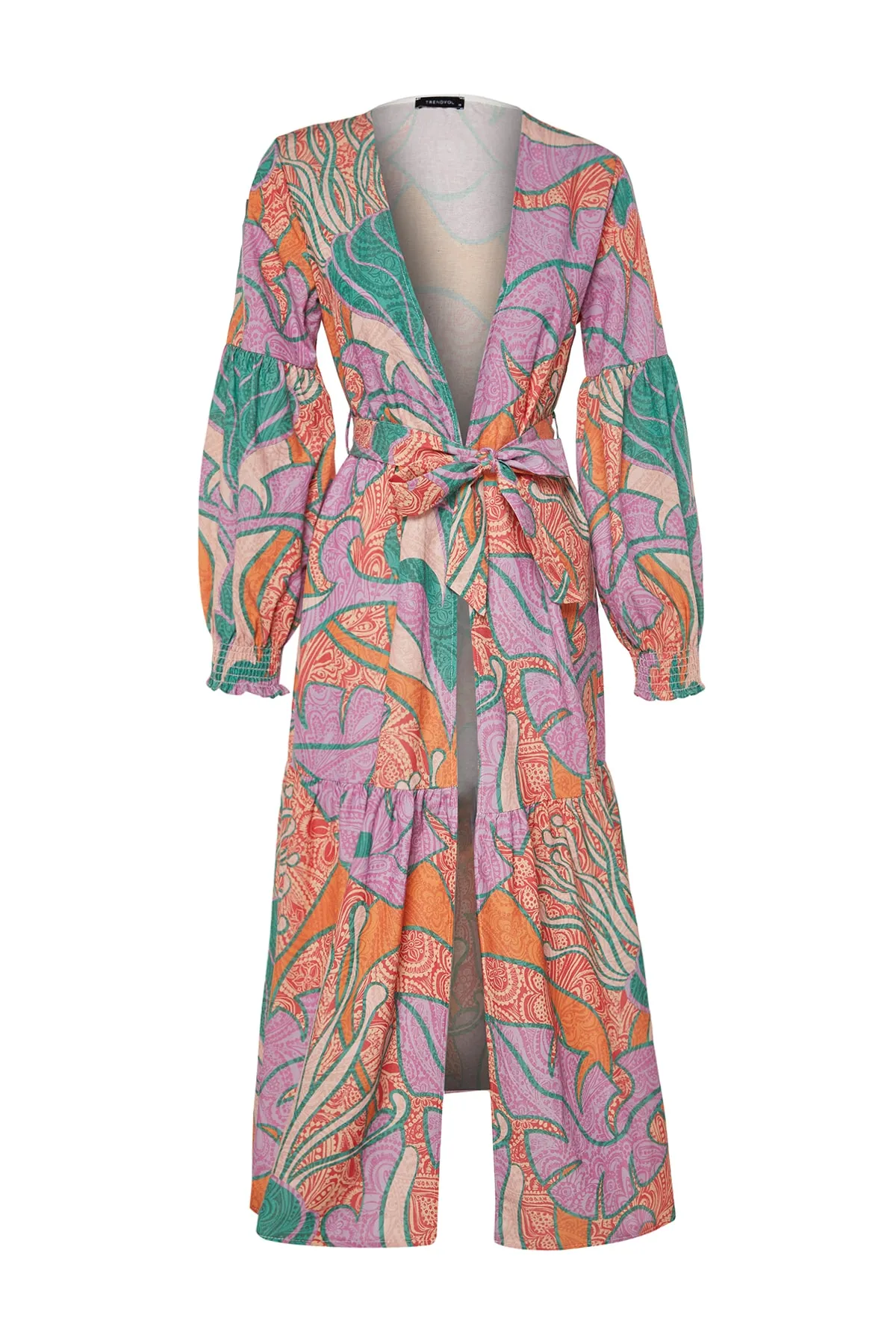 Trendyol Collection  Tropisch gemusterter, gewebter Maxi-Kimono und Kaftan mit Ballonärmeln aus 100 % Baumwolle in Leinenoptik mit Gürtel