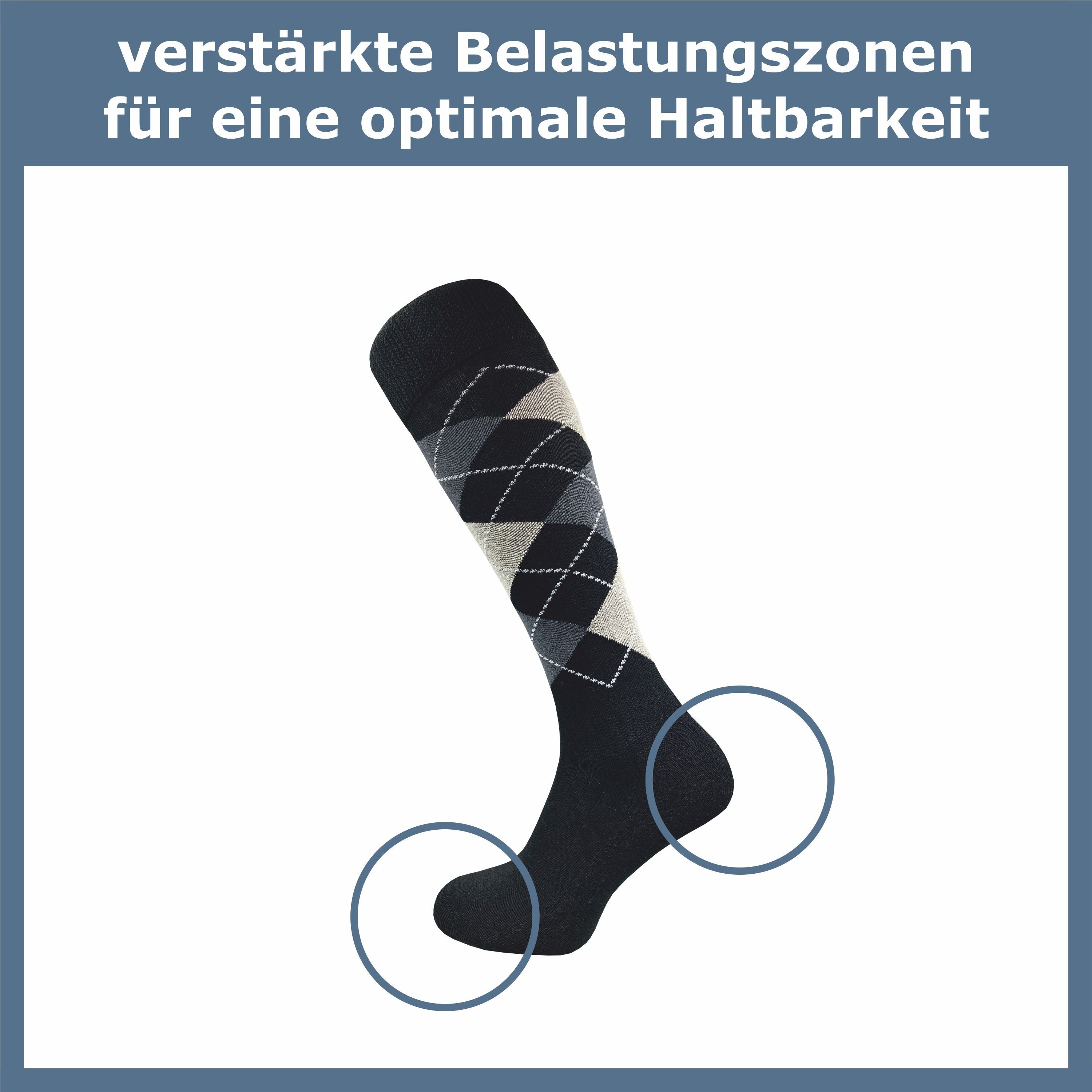 GAWILO Kniestrümpfe für Damen & Herren mit Plüschsohle zum Reiten, Wandern oder Alltag (4 Paar) Reitsocken in schwarz und kariert - mit Baumwolle & Komfortbund