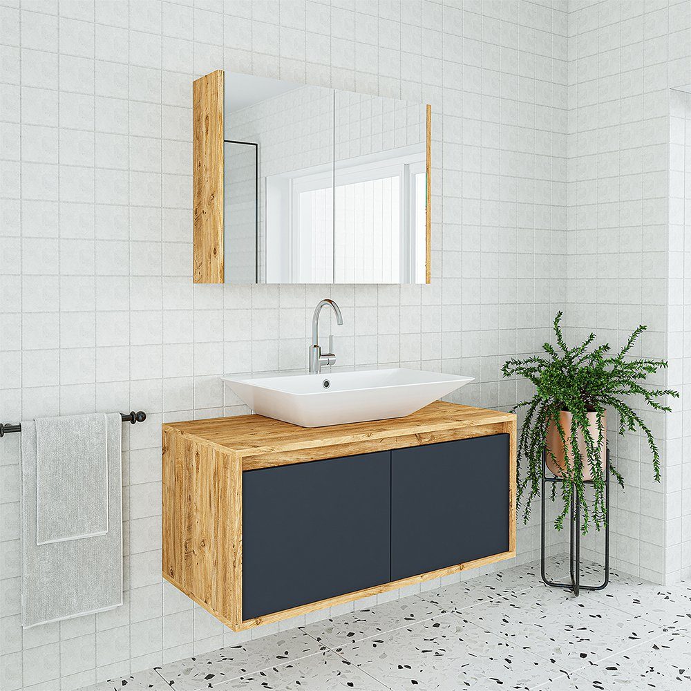 Roomart Badmöbel-Set, (Badmöbel Set 3-teilig 100cm Unterschrank mit Waschbecken Spiegelscrank)