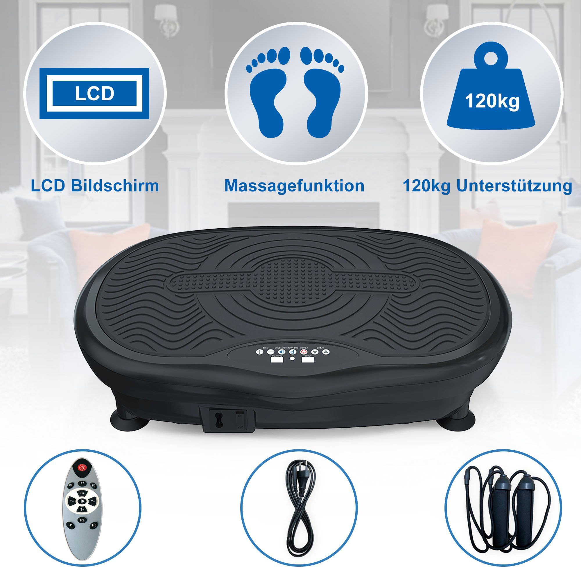 Fangqi Vibrationsplatte 3D-Vibrationsplatte mit Widerstandsband,LCD-Display,zwei Motoren, 400,00 W, (Kommt mit 2 Widerstandsbändern, Fernbedienung, 3 Modi, 60 Geschwindigkeitsstufen, Standfläche: 61 * 39,5 cm, Traglast 120kg, Eigengewicht 11kg), 3D,