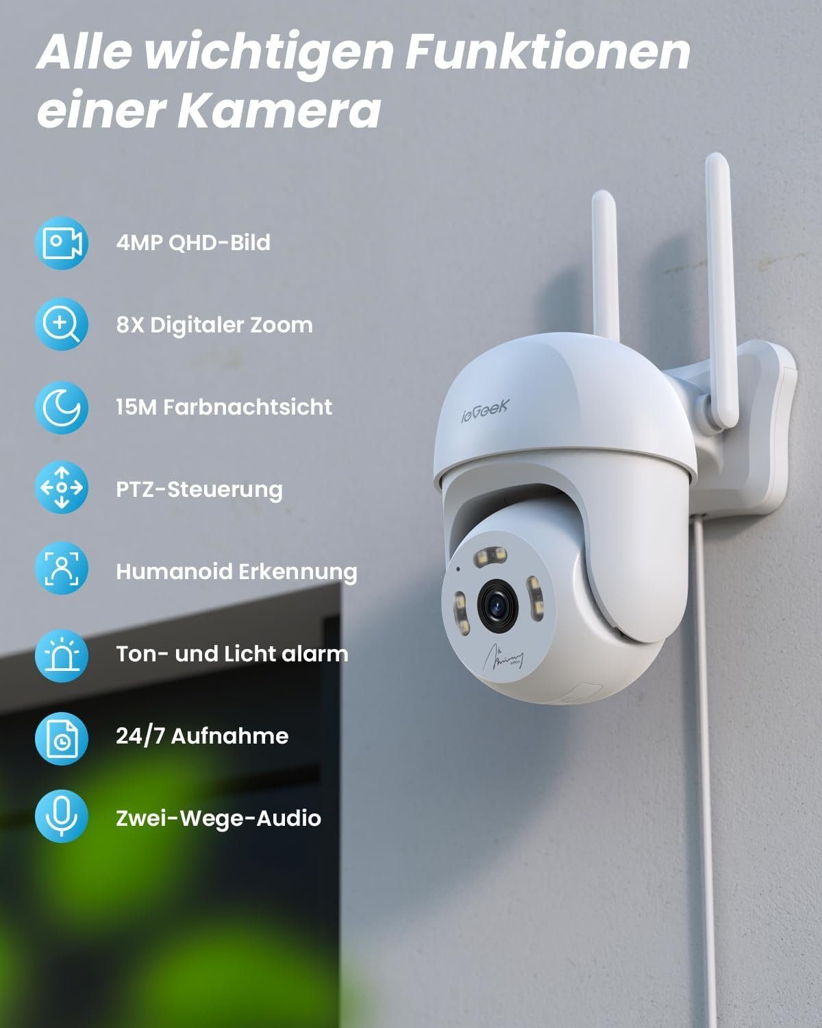 ieGeek Überwachungskamera Aussen WLAN Kamera Überwachung PTZ Kamera Überwachungskamera (Aussen, AuBen, AuBenbereich, Außen, 4MP Outdoor mit Automatische Verfolgt, 24/7 Aufnahme, Nachtsicht in Farbe, IP65, SD/Cloud-Speicher, 2,4GHz WiFi, 8-Facher Digi