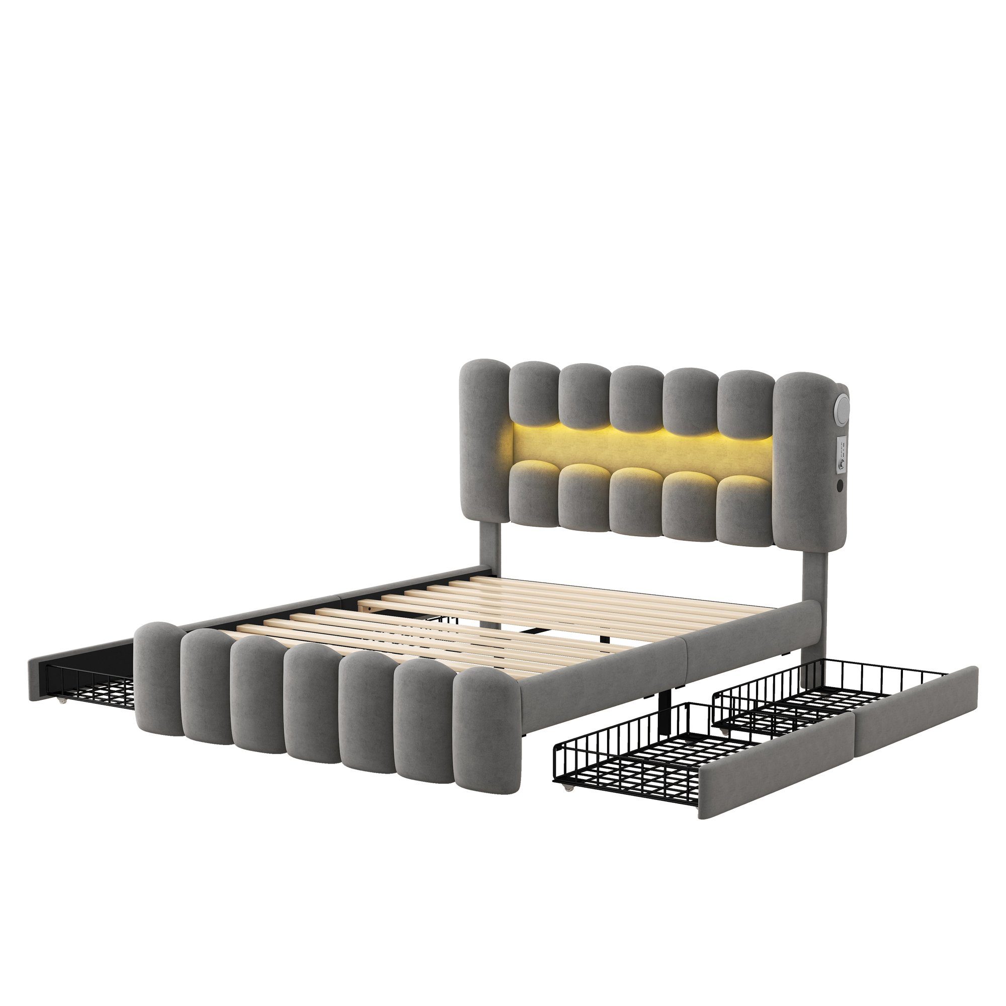 HAUSS SPLOE Polsterbett Polsterbett Funktionsbett Bettrahmen KInderbett Doppelbett (mit 4 Schubladen und LED-Lichtleiste, Jugendbett mit USB und Stereoanlage), 140*200 cm, Grau
