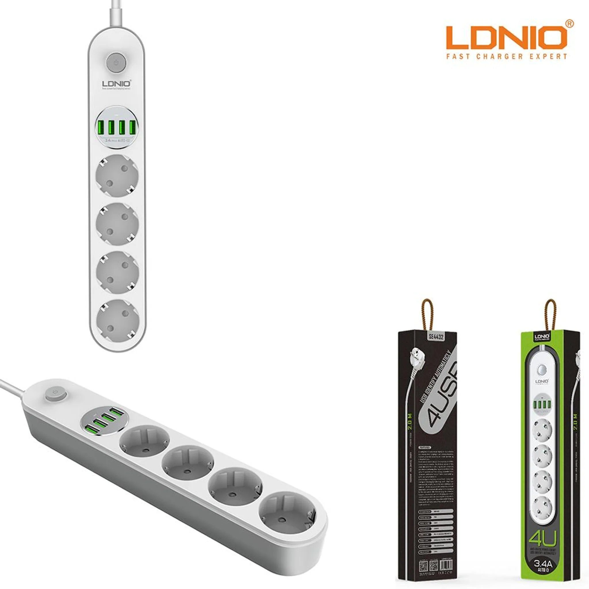 ELEGIANT 4fach Steckdosenleiste mit 4fach USB von LDNIO Mehrfachsteckdose 4-fach (Ein- / Ausschalter, USB-Anschlüsse, Kabellänge 2 m)