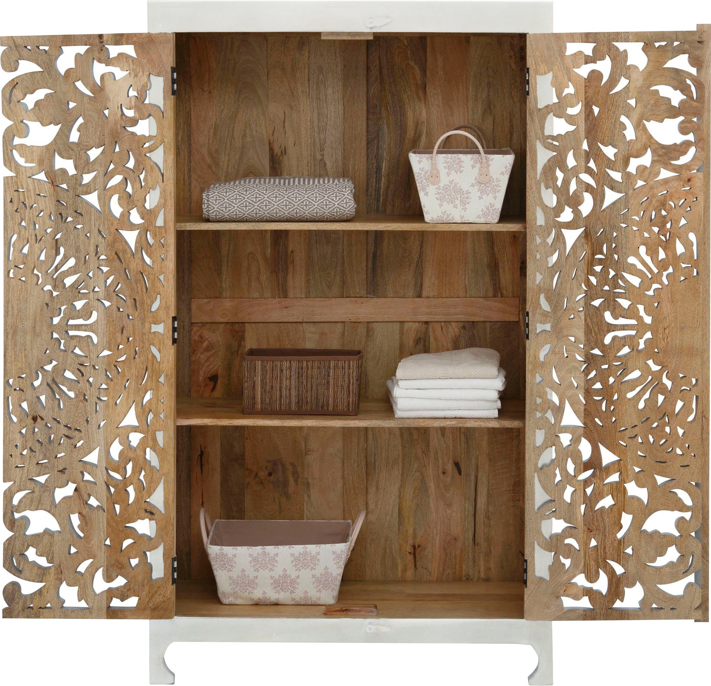 Home affaire Stauraumschrank Kenmare Mangoholz, dekorative Schnitzereien, Breite 100 cm