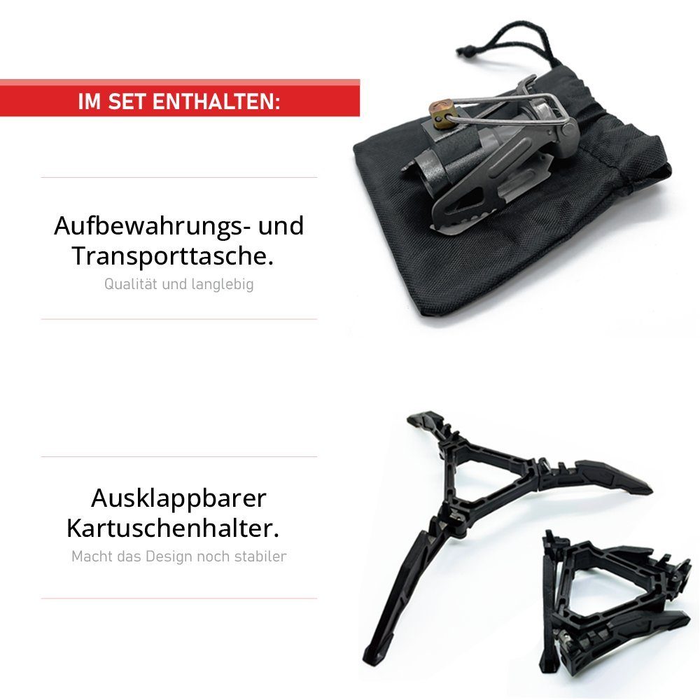 EVOCAMP Gaskocher kompakter Mini Campingkocher 1.8 kW, Titan-Gehäuse mit Gasregulierung, (kompatibel mit schraubbaren Gaskartuschen, ideal für Camping als Outdoor Kocher)