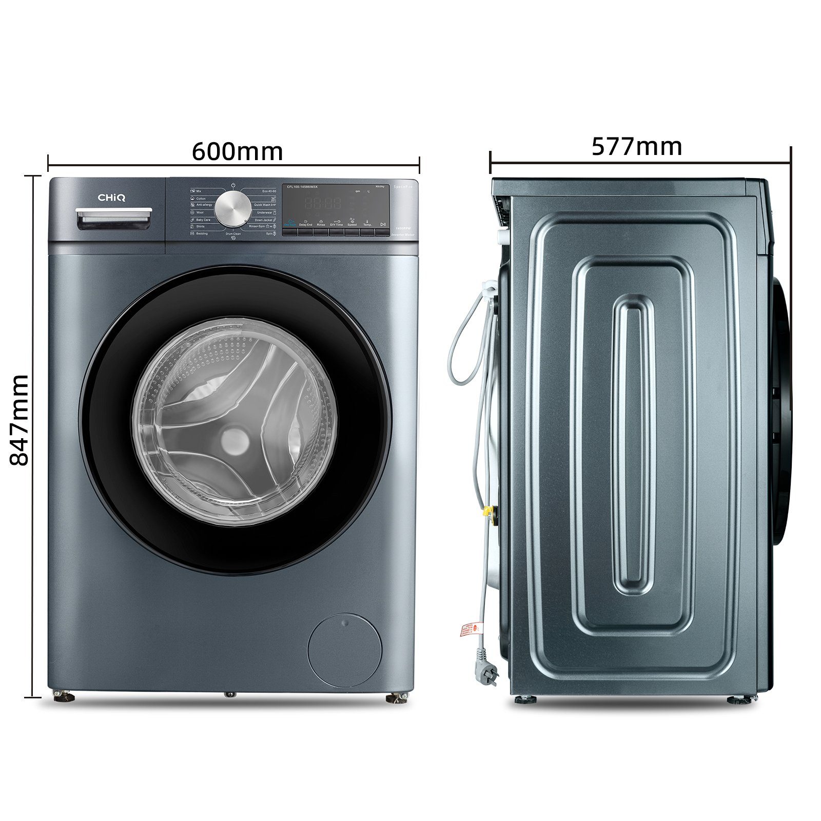 CHiQ Waschmaschine CFL100-14586IM3XB, 10 kg, 1400 U/min, Inverter-Motor, Dampfwäsche, Schnellreinigung, Kindersicherung