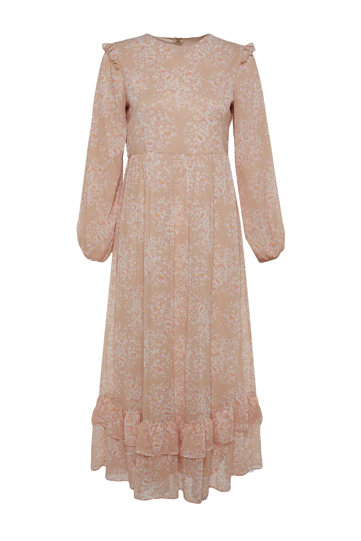 Trendyol Modest  Hellrosa Kleid aus gewebtem Chiffon mit Blumenmuster, Rüschen an der Schulter und Futter TCTSS23EB00143