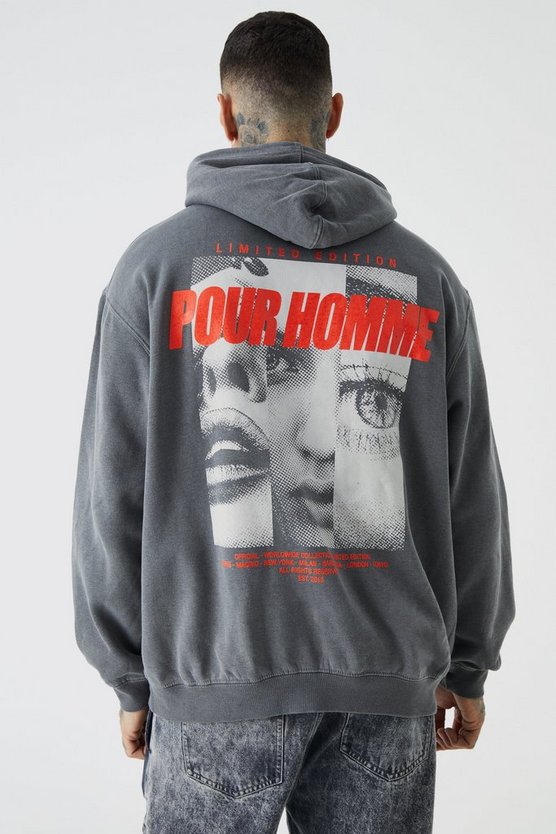 Tall Oversize Hoodie mit Pour Homme Print und Acid-Waschung