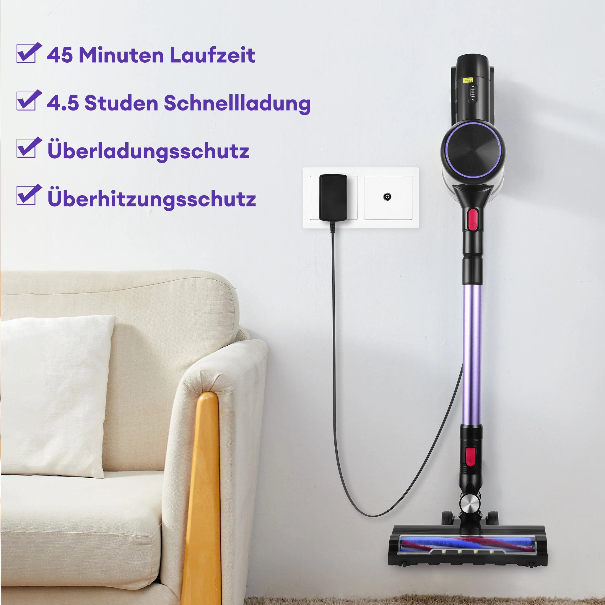 CkeyiN Akku-Hand-und Stielstaubsauger 28kPa Saugleistung, Kabelloser, leistungsstarker Staubsauger, 250,00 W, LED-Beleuchtung, 4-Schicht-Filtersystem